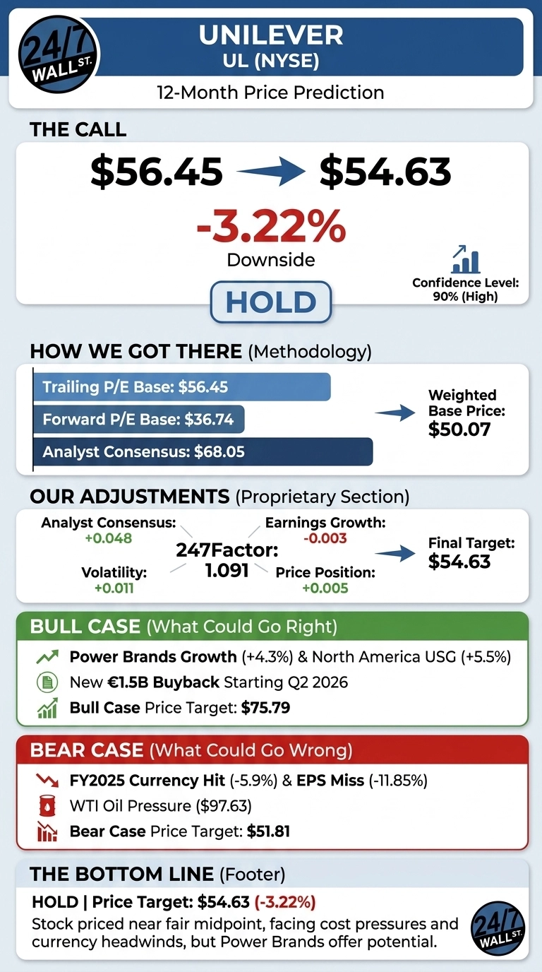 Infographic titled 'Unilever UL (NYSE) 12-Month Price Prediction'. The call shows a prediction from $56.45 to $54.63, a -3.22% downside, with a 'HOLD' rating and 90% confidence. Methodology includes Trailing P/E Base ($56.45), Forward P/E Base ($36.74), and Analyst Consensus ($68.05) leading to a Weighted Base Price of $50.07. Proprietary adjustments are Analyst Consensus (+0.048), Volatility (+0.011), 247Factor (1.091), Earnings Growth (-0.003), and Price Position (+0.005), resulting in a Final Target of $54.63. The Bull Case lists Power Brands Growth (+4.3%) & North America USG (+5.5%) and a New €1.5B Buyback Starting Q2 2026, with a Bull Case Price Target of $75.79. The Bear Case lists FY2025 Currency Hit (-5.9%) & EPS Miss (-11.85%) and WTI Oil Pressure ($97.63), with a Bear Case Price Target of $51.81. The bottom line reiterates 'HOLD' with a $54.63 price target (-3.22%) and a summary statement.