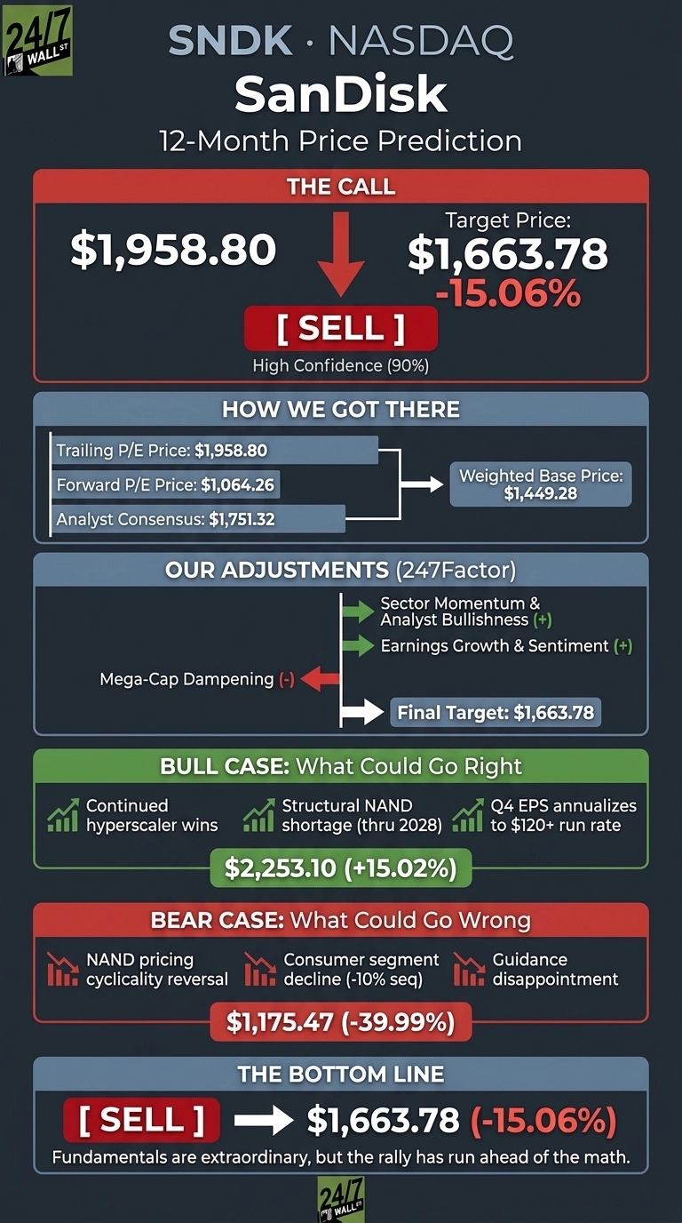An infographic titled 'SNDK • NASDAQ SanDisk 12-Month Price Prediction'. The 'THE CALL' section shows a current price of $1,958.80 and a target price of $1,663.78, representing a -15.06% change, with a 'SELL' recommendation and 90% confidence. The 'HOW WE GOT THERE' section lists Trailing P/E Price $1,958.80, Forward P/E Price $1,064.26, Analyst Consensus $1,751.32, leading to a Weighted Base Price of $1,449.28. 'OUR ADJUSTMENTS (247Factor)' describes positive adjustments for Sector Momentum, Analyst Bullishness, Earnings Growth, and Sentiment, and a negative adjustment for Mega-Cap Dampening, resulting in a Final Target of $1,663.78. The 'BULL CASE: What Could Go Right' section lists continued hyperscaler wins, structural NAND shortage thru 2028, and Q4 EPS annualizing to a $120+ run rate, predicting a price of $2,253.10 (+15.02%). The 'BEAR CASE: What Could Go Wrong' section lists NAND pricing cyclicality reversal, consumer segment decline (-10% seq), and guidance disappointment, predicting a price of $1,175.47 (-39.99%). The 'THE BOTTOM LINE' reiterates the 'SELL' call, a target of $1,663.78 (-15.06%), and notes that 'Fundamentals are extraordinary, but the rally has run ahead of the math.'