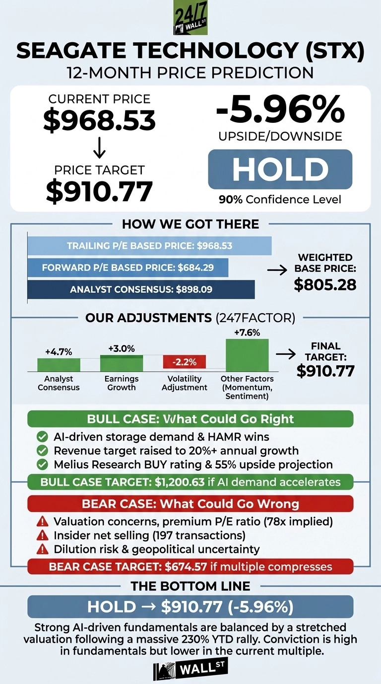 An infographic titled 'Seagate Technology (STX) 12-Month Price Prediction' shows a current price of $968.53, a price target of $910.77, and a -5.96% upside/downside, leading to a 'Hold' recommendation with a 90% confidence level. A section 'How We Got There' details a Trailing P/E Based Price of $968.53, Forward P/E Based Price of $684.29, Analyst Consensus of $898.09, and a Weighted Base Price of $805.28. 'Our Adjustments (247Factor)' includes Analyst Consensus (+4.7%), Earnings Growth (+3.0%), Volatility Adjustment (-2.2%), and Other Factors (+7.6%), resulting in a Final Target of $910.77. Bull case factors like AI-driven storage demand project a target of $1,200.63. Bear case factors such as valuation concerns and insider selling project a target of $674.57. The bottom line summarizes the 'Hold' recommendation and target price, noting strong AI-driven fundamentals are balanced by a stretched valuation after a 230% YTD rally.