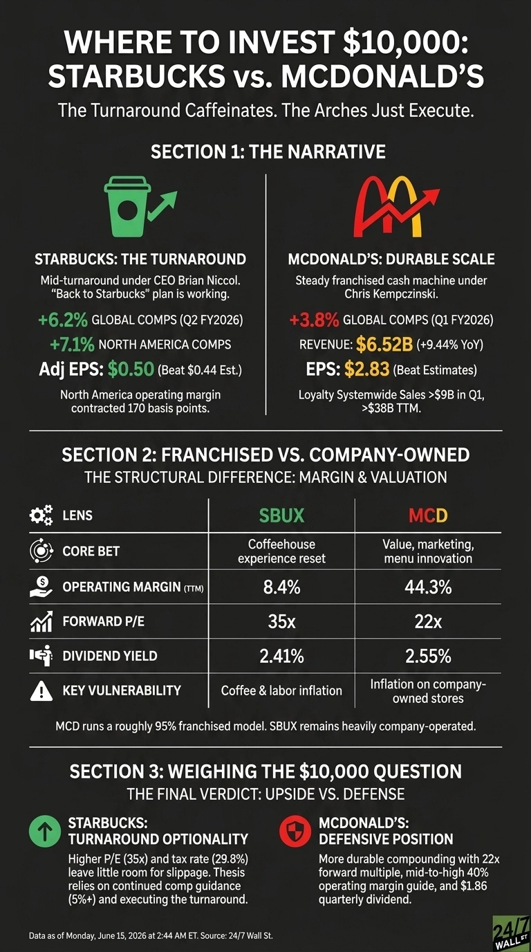 An infographic titled 'Where to Invest $10,000: Starbucks vs. McDonald's'. The infographic is structured into three sections. Section 1, 'The Narrative', features a green coffee cup icon for Starbucks and a red 'M' arches icon for McDonald's. It details Starbucks' turnaround with +6.2% Global Comps (Q2 FY2026), +7.1% North America Comps, and Adj EPS $0.50. For McDonald's, it highlights durable scale with +3.8% Global Comps (Q1 FY2026), Revenue $6.52B, and EPS $2.83. Section 2, 'Franchised vs. Company-Owned', is a table comparing SBUX and MCD on 'LENS', 'CORE BET', 'OPERATING MARGIN (TTM)' (8.4% for SBUX, 44.3% for MCD), 'FORWARD P/E' (35x for SBUX, 22x for MCD), 'DIVIDEND YIELD' (2.41% for SBUX, 2.55% for MCD), and 'KEY VULNERABILITY'. Section 3, 'The Final Verdict: Upside vs. Defense', uses a green upward arrow for Starbucks' 'Turnaround Optionality' and a red shield icon for McDonald's 'Defensive Position', summarizing their investment cases. Data is as of Monday, June 15, 2026.