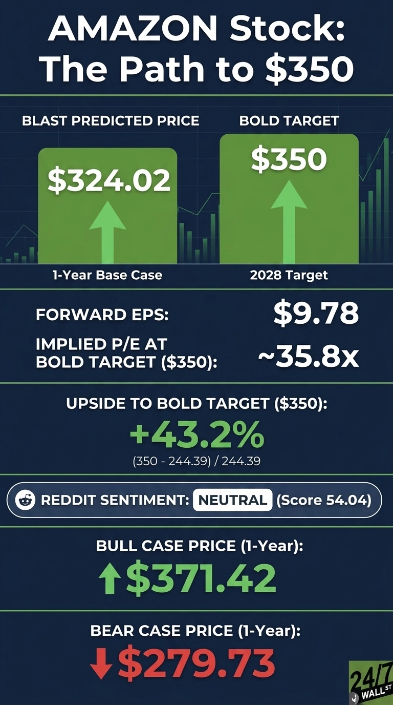 An infographic titled 'AMAZON Stock: The Path to $350' on a dark blue background. It displays key financial projections for AMZN. A 'BLAST PREDICTED PRICE' for a '1-Year Base Case' is shown as $324.02 with a green upward arrow. A 'BOLD TARGET' for '2028 Target' is $350, also with a green upward arrow. Below, 'FORWARD EPS:' is $9.78, and 'IMPLIED P/E AT BOLD TARGET ($350):' is ~35.8x. 'UPSIDE TO BOLD TARGET ($350):' is +43.2%, with the calculation (350 - 244.39) / 244.39 visible. 'REDDIT SENTIMENT:' is 'NEUTRAL' with a Score of 54.04. The 'BULL CASE PRICE (1-Year):' is $371.42 with a green upward arrow, and the 'BEAR CASE PRICE (1-Year):' is $279.73 with a red downward arrow. A '24/7 WALL ST' logo is in the bottom right corner.