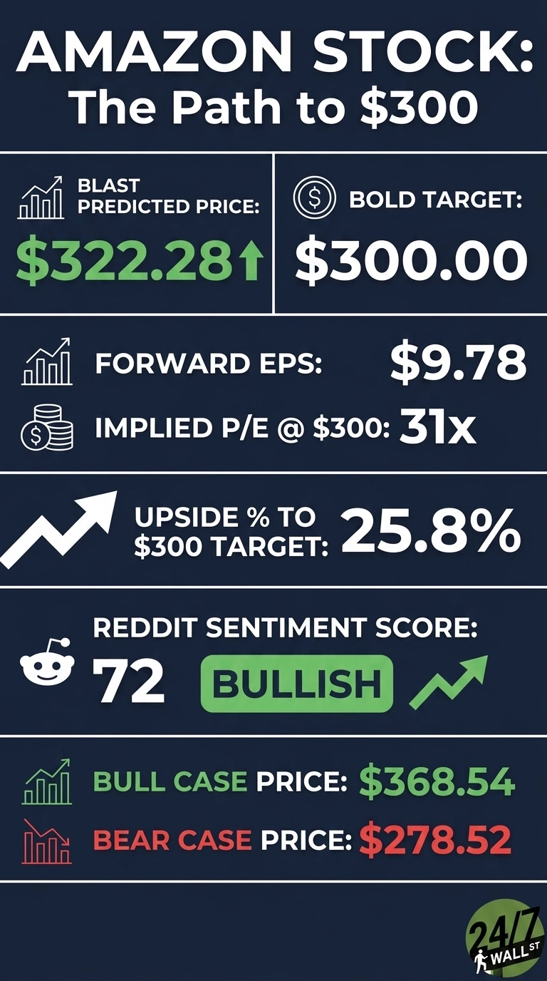 An infographic titled 'AMAZON STOCK: The Path to $300' on a dark blue background. It displays financial metrics and price predictions in white and green text. Key data points include Blast Predicted Price: $322.28 with an upward arrow, Bold Target: $300.00, Forward EPS: $9.78, Implied P/E @ $300: 31x, Upside % to $300 Target: 25.8%, Reddit Sentiment Score: 72 (Bullish) with a green upward arrow. It also shows Bull Case Price: $368.54 in green and Bear Case Price: $278.52 in red. Icons accompany each metric, such as bar charts, coins, and a Reddit logo. The 24/7 Wall St logo is at the bottom right.