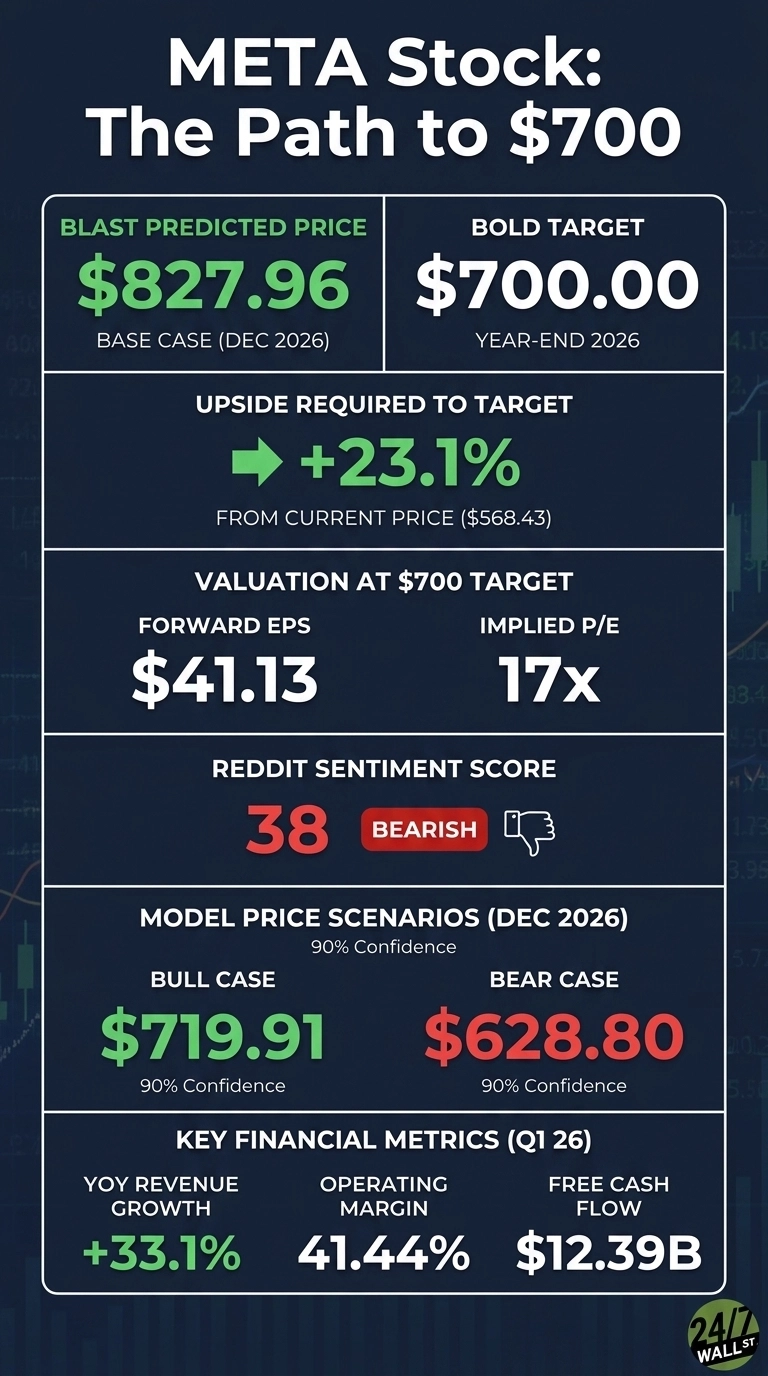 An infographic titled 'META Stock: The Path to $700' on a dark blue background with white, green, and red text. It features several data panels. The top panel shows 'BLAST PREDICTED PRICE' as $827.96 for 'BASE CASE (DEC 2026)' and 'BOLD TARGET' as $700.00 for 'YEAR-END 2026'. Below that, 'UPSIDE REQUIRED TO TARGET' is +23.1% 'FROM CURRENT PRICE ($568.43)'. The next section, 'VALUATION AT $700 TARGET', shows 'FORWARD EPS $41.13' and 'IMPLIED P/E 17x'. 'REDDIT SENTIMENT SCORE' is 38, labeled 'BEARISH', with a thumbs-down icon. 'MODEL PRICE SCENARIOS (DEC 2026)' with 90% confidence are 'BULL CASE $719.91' and 'BEAR CASE $628.80'. The final panel, 'KEY FINANCIAL METRICS (Q1 26)', lists 'YOY REVENUE GROWTH +33.1%', 'OPERATING MARGIN 41.44%', and 'FREE CASH FLOW $12.39B'. A small '24/7 WALL ST' logo is in the bottom right.
