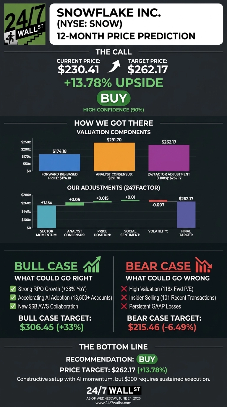 An infographic from 24/7 Wall St. titled 'SNOWFLAKE INC. (NYSE: SNOW) 12-MONTH PRICE PREDICTION'. It shows a current price of $230.41, a target price of $262.17, and a +13.78% upside, with a 'BUY' recommendation at high confidence (90%). Below, a bar chart illustrates valuation components: Forward P/E-Based Price at $174.18, Analyst Consensus at $291.70, and 247FACTOR Adjustment at $262.17. Another bar chart details 'Our Adjustments (247FACTOR)': Sector Momentum at +1.15x, Analyst Consensus at +0.05, Price Position at +0.015, Social Sentiment at +0.01, Volatility at -0.007, leading to a Final Target of $262.17. The 'BULL CASE' section highlights a target of $306.45 (+33%) with reasons like Strong RPO Growth, Accelerating AI Adoption, and a new AWS Collaboration. The 'BEAR CASE' section shows a target of $215.46 (-6.49%) citing High Valuation, Insider Selling, and Persistent GAAP Losses. The 'BOTTOM LINE' reiterates a 'BUY' recommendation with a price target of $262.17 (+13.78%) and notes a constructive setup with AI momentum, but that $300 requires sustained execution.