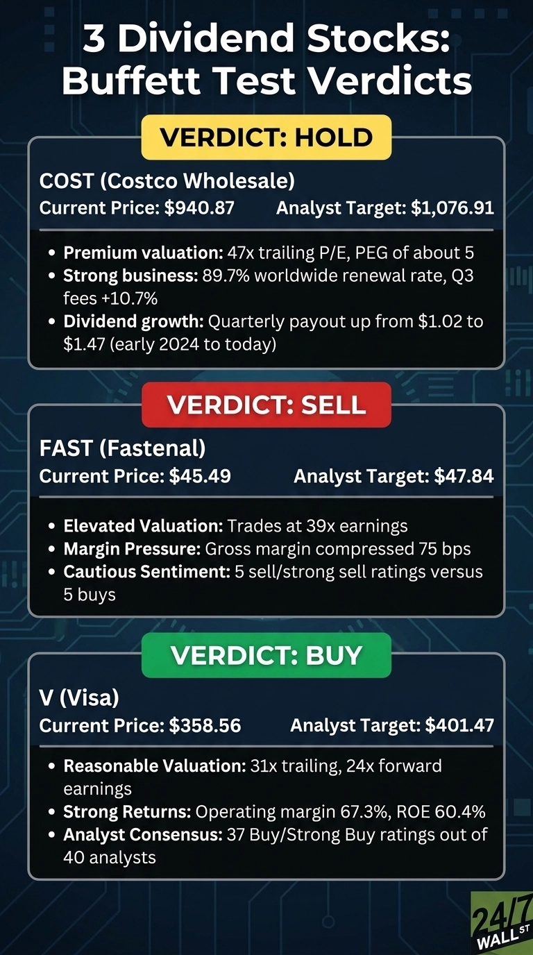 An infographic titled '3 Dividend Stocks: Buffett Test Verdicts'. It features three rectangular sections stacked vertically, each with a stock's verdict, current price, analyst target, and bulleted reasons. The top section, labeled 'VERDICT: HOLD' in yellow, is for COST (Costco Wholesale) with a current price of $940.87 and an analyst target of $1,076.91. The middle section, labeled 'VERDICT: SELL' in red, is for FAST (Fastenal) with a current price of $45.49 and an analyst target of $47.84. The bottom section, labeled 'VERDICT: BUY' in green, is for V (Visa) with a current price of $358.56 and an analyst target of $401.47.