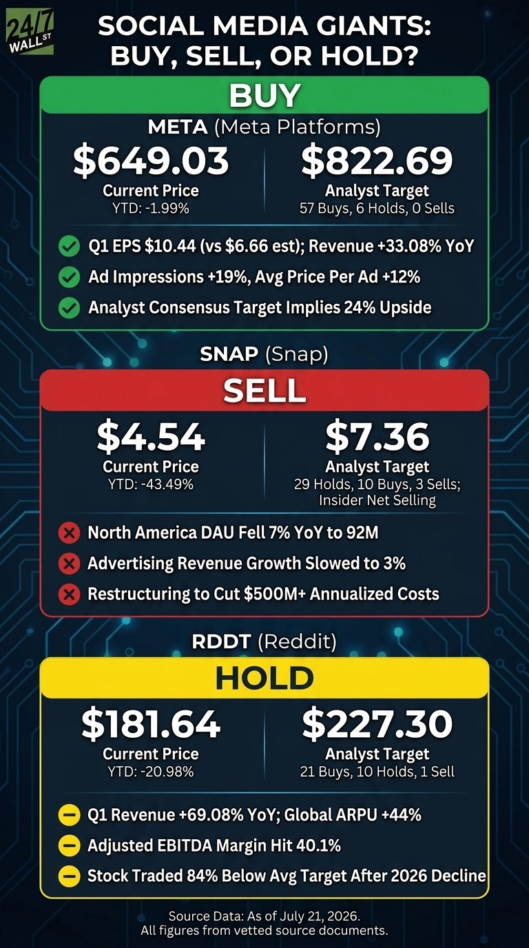 An infographic titled 'SOCIAL MEDIA GIANTS: BUY, SELL, OR HOLD?' showing an analysis of three social media stocks. The top section, colored green and labeled 'BUY', features META (Meta Platforms) with a current price of $649.03 (YTD: -1.99%) and an analyst target of $822.69 (57 Buys, 6 Holds, 0 Sells). Positive highlights include Q1 EPS $10.44 (vs $6.66 est), Revenue +33.08% YoY, Ad Impressions +19%, Avg Price Per Ad +12%, and Analyst Consensus Target Implies 24% Upside. The middle section, colored red and labeled 'SELL', features SNAP (Snap) with a current price of $4.54 (YTD: -43.49%) and an analyst target of $7.36 (29 Holds, 10 Buys, 3 Sells; Insider Net Selling). Negative highlights include North America DAU Fell 7% YoY to 92M, Advertising Revenue Growth Slowed to 3%, and Restructuring to Cut $500M+ Annualized Costs. The bottom section, colored yellow and labeled 'HOLD', features RDDT (Reddit) with a current price of $181.64 (YTD: -20.98%) and an analyst target of $227.30 (21 Buys, 10 Holds, 1 Sell). Mixed highlights include Q1 Revenue +69.08% YoY; Global ARPU +44%, Adjusted EBITDA Margin Hit 40.1%, and Stock Traded 84% Below Avg Target After 2026 Decline. The source data date is July 21, 2026.
