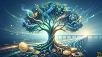 A vibrant, glowing digital illustration features a large tree at its center, with luminous green, blue, and gold light emanating from its roots and branches. The roots are intertwined with gold dollar coins and gears, symbolizing finance and industry. The branches extend upwards and outwards, integrating various illuminated icons: green leaves, network antennas, interconnected molecules, a heartbeat monitor, a compass, and upward-trending stock charts. Beams of light stream from the tree towards a distant, brightly lit bridge on the right, suggesting a clear path forward. The background is a gradient of deep blue to light blue, creating a sense of depth and hope.
