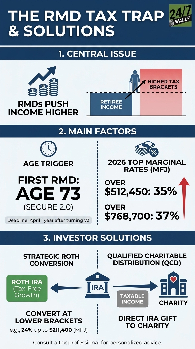 An infographic titled 'The RMD Tax Trap & Solutions'. Section 1, 'Central Issue,' shows RMDs pushing income higher, represented by growing money stacks and a diagram where retiree income extends into higher tax brackets. Section 2, 'Main Factors,' details the first RMD age of 73 (SECURE 2.0) with a deadline of April 1 one year after turning 73, and lists 2026 top marginal tax rates for married filing jointly as 35% for income over $512,450 and 37% for income over $768,700. Section 3, 'Investor Solutions,' presents two strategies: Strategic Roth Conversion, showing conversion from an IRA to a Roth IRA for tax-free growth at lower brackets like 24% up to $211,400 (MFJ); and Qualified Charitable Distribution (QCD), illustrating direct IRA gifts to charity to avoid taxable income. The infographic includes a logo for 24/7 Wall St. and advises consulting a tax professional.