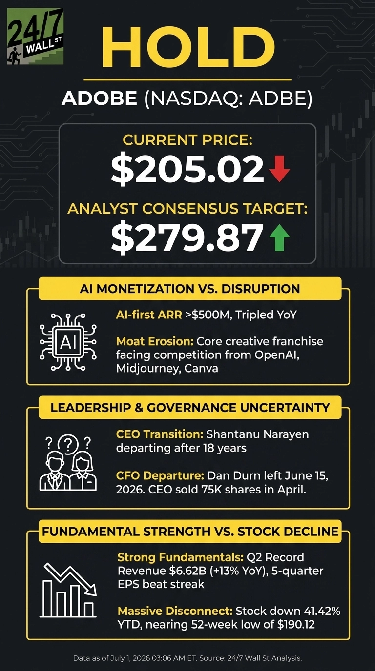 An infographic titled 'HOLD' for Adobe (NASDAQ: ADBE) stock analysis. It features a dark background with yellow and white text, organized into distinct sections. The current stock price is displayed as $205.02 with a red downward arrow, while the analyst consensus target is $279.87 with a green upward arrow. Three main sections detail the analysis: 'AI Monetization vs. Disruption', which lists 'AI-first ARR >$500M, Tripled YoY' and 'Moat Erosion: Core creative franchise facing competition from OpenAI, Midjourney, Canva'; 'Leadership & Governance Uncertainty', which notes 'CEO Transition: Shantanu Narayen departing after 18 years', 'CFO Departure: Dan Durn left June 15, 2026', and 'CEO sold 75K shares in April.'; and 'Fundamental Strength vs. Stock Decline', highlighting 'Strong Fundamentals: Q2 Record Revenue $6.62B (+13% YoY), 5-quarter EPS beat streak' and 'Massive Disconnect: Stock down 41.42% YTD, nearing 52-week low of $190.12'. Each section is accompanied by a relevant icon. A footer states, 'Data as of July 1, 2026 03:06 AM ET. Source: 24/7 Wall St Analysis.'