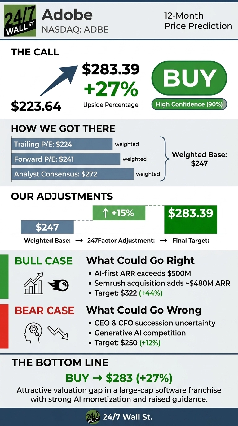 An infographic from 24/7 Wall St. titled 'Adobe 12-Month Price Prediction' for NASDAQ: ADBE. The call indicates a 'BUY' with high confidence (90%), a current price of $223.64, and a target price of $283.39, representing a +27% upside percentage. 'How We Got There' shows a Weighted Base of $247, derived from Trailing P/E: $224, Forward P/E: $241, and Analyst Consensus: $272, all weighted. 'Our Adjustments' illustrates the $247 Weighted Base receiving a +15% 247Factor Adjustment, leading to the Final Target of $283.39. The 'Bull Case' section lists 'What Could Go Right': 'AI-first ARR exceeds $500M', 'Semrush acquisition adds ~$480M ARR', with a target of $322 (+44%). The 'Bear Case' section lists 'What Could Go Wrong': 'CEO & CFO succession uncertainty', 'Generative AI competition', with a target of $250 (+12%). The 'Bottom Line' reiterates 'BUY -> $283 (+27%)' and states it's an 'Attractive valuation gap in a large-cap software franchise with strong AI monetization and raised guidance'.