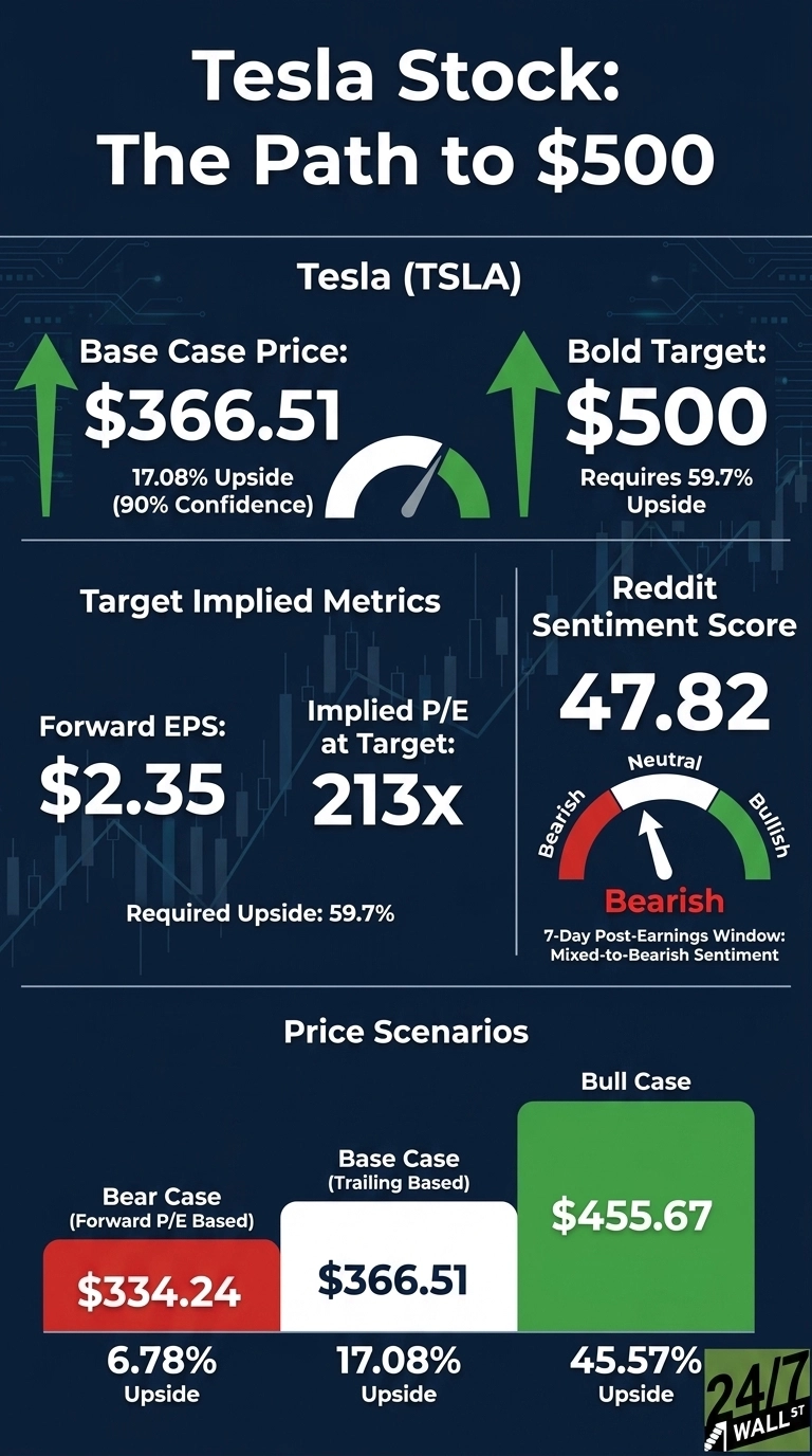 An infographic titled 'Tesla Stock: The Path to $500'. It displays Tesla (TSLA) stock data across four main sections on a dark blue background with subtle circuit board patterns. The top section shows a 'Base Case Price' of $366.51 with 17.08% upside and 90% confidence, indicated by a green upward arrow and a gauge pointing to a green zone. A 'Bold Target' of $500 requires 59.7% upside, also with a green upward arrow. The middle-left section, 'Target Implied Metrics', lists 'Forward EPS: $2.35' and 'Implied P/E at Target: 213x', with 'Required Upside: 59.7%'. The middle-right section, 'Reddit Sentiment Score', shows '47.82' and a 'Bearish' sentiment, with a gauge pointing to the red 'Bearish' side, noted as '7-Day Post-Earnings Window: Mixed-to-Bearish Sentiment'. The bottom section, 'Price Scenarios', presents three colored boxes: a red box for 'Bear Case (Forward P/E Based)' at $334.24 (6.78% Upside), a white box for 'Base Case (Trailing Based)' at $366.51 (17.08% Upside), and a green box for 'Bull Case' at $455.67 (45.57% Upside). The 24/7 Wall St logo is in the bottom right corner.