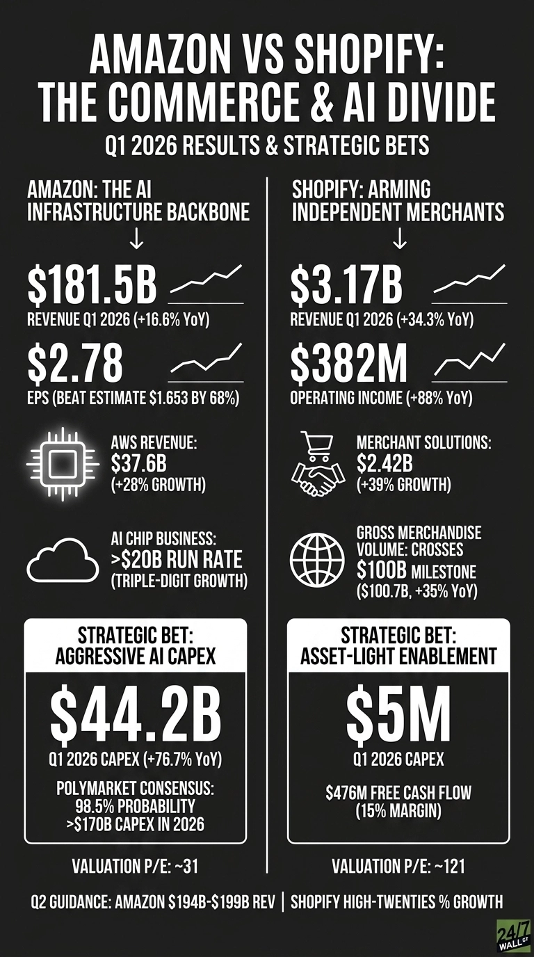 An infographic titled 'Amazon vs Shopify: The Commerce & AI Divide Q1 2026 Results & Strategic Bets' presents a side-by-side comparison of Amazon and Shopify's financial performance and strategic bets. The left column for Amazon details Q1 2026 Revenue of $181.5B, EPS of $2.78, AWS Revenue of $37.6B, AI Chip Business run rate >$20B, and a Strategic Bet on Aggressive AI CAPEX with Q1 CAPEX of $44.2B. The right column for Shopify shows Q1 2026 Revenue of $3.17B, Operating Income of $382M, Merchant Solutions of $2.42B, Gross Merchandise Volume crossing $100B, and a Strategic Bet on Asset-Light Enablement with Q1 CAPEX of $5M. Both sections include valuation P/E ratios and Q2 guidance at the bottom. The infographic features white text on a dark gray background with simple line graphs and icons such as a computer chip, cloud, shopping cart with shaking hands, and a globe.