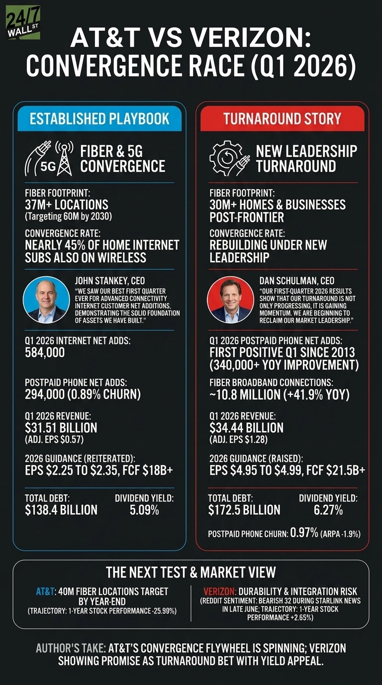 An infographic titled 'AT&T VS VERIZON: CONVERGENCE RACE (Q1 2026)' with a dark background. It is divided into two main columns for comparison. The left column, labeled 'ESTABLISHED PLAYBOOK' with a blue header, details AT&T's performance. It includes an icon for fiber and 5G convergence, Fiber Footprint: 37M+ Locations (Targeting 60M by 2030), Convergence Rate: Nearly 45% of Home Internet subs also on wireless, a photo and quote from John Stankey CEO, Q1 2026 Internet Net Adds: 584,000, Postpaid Phone Net Adds: 294,000 (0.89% Churn), Q1 2026 Revenue: $31.51 Billion (Adj. EPS $0.57), 2026 Guidance (Reiterated): EPS $2.25 to $2.35, FCF $18B+, Total Debt: $138.4 Billion, and Dividend Yield: 5.09%. The right column, labeled 'TURNAROUND STORY' with a red header, details Verizon's performance. It includes an icon for new leadership turnaround and fiber, Fiber Footprint: 30M+ Homes & Businesses Post-Frontier, Convergence Rate: Rebuilding under New Leadership, a photo and quote from Dan Schulman CEO, Q1 2026 Postpaid Phone Net Adds: First positive Q1 since 2013 (340,000+ YOY Improvement), Fiber Broadband Connections: ~10.8 Million (+41.9% YOY), Q1 2026 Revenue: $34.44 Billion (Adj. EPS $1.28), 2026 Guidance (Raised): EPS $4.95 to $4.99, FCF $21.5B+, Total Debt: $172.5 Billion, and Dividend Yield: 6.27%. Below these columns, a section titled 'THE NEXT TEST & MARKET VIEW' contrasts AT&T's 40M fiber locations target by year-end (Trajectory: 1-year stock performance -25.90%) with Verizon's durability & integration risk (Reddit sentiment: bearish 32 during Starlink news in late June; Trajectory: 1-year stock performance +2.65%). The infographic concludes with an 'AUTHOR'S TAKE' stating: AT&T's convergence flywheel is spinning; Verizon showing promise as turnaround bet with yield appeal.