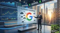 A male presenter in a dark suit stands in a modern financial studio, gesturing towards a transparent screen displaying "CLOUDS CLEARING" and a large, colorful Google 'G' logo surrounded by dissipating dark clouds. Behind him, large screens show GOOGL stock charts with upward trends. Through a large window, a sunlit New York City skyline, including the Empire State Building, is visible. The "24/7 WALL ST" logo is in the bottom right.