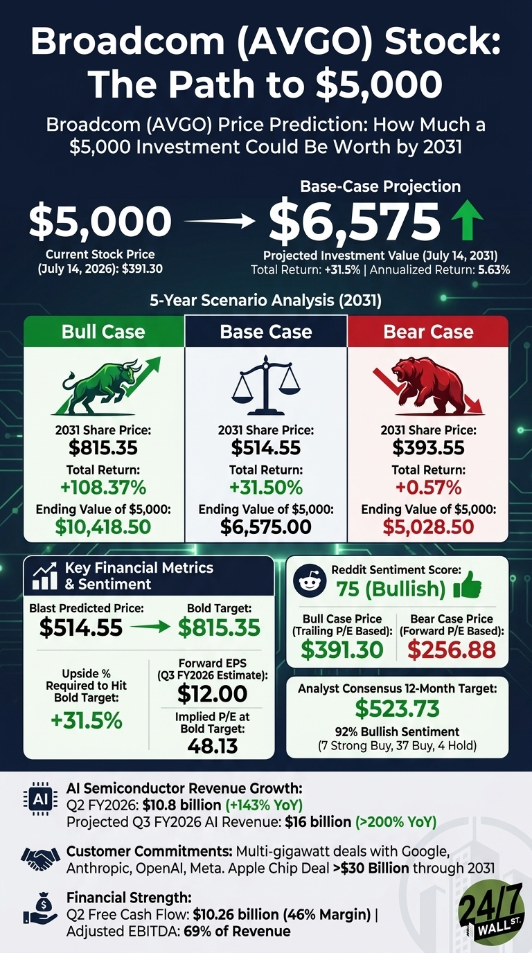 An infographic titled 'Broadcom (AVGO) Stock: The Path to $5,000' and 'Broadcom (AVGO) Price Prediction: How Much a $5,000 Investment Could Be Worth by 2031'. The current stock price (July 14, 2026) is $391.30. A base-case projection shows a $5,000 investment growing to $6,575 by July 14, 2031, with a total return of +31.5% and an annualized return of 5.63%. Below this, a '5-Year Scenario Analysis (2031)' is presented in three columns: Bull Case (green, bull icon) projects a 2031 share price of $815.35, total return of +108.37%, and an ending value of $10,418.50 for a $5,000 investment. The Base Case (blue, scales icon) projects a 2031 share price of $514.55, total return of +31.50%, and an ending value of $6,575.00 for a $5,000 investment. The Bear Case (red, bear icon) projects a 2031 share price of $393.55, total return of +0.57%, and an ending value of $5,028.50 for a $5,000 investment. Below the scenarios, a section on 'Key Financial Metrics & Sentiment' shows a Blast Predicted Price of $514.55 and a Bold Target of $815.35, with an upside of +31.5%. Forward EPS (Q3 FY2026 Estimate) is $12.00, and Implied P/E at Bold Target is 48.13. The Reddit Sentiment Score is 75 (Bullish), with a Bull Case Price (Trailing P/E Based) of $391.30 and a Bear Case Price (Forward P/E Based) of $256.88. Analyst Consensus 12-Month Target is $523.73, with 92% Bullish Sentiment (7 Strong Buy, 37 Buy, 4 Hold). Further details include AI Semiconductor Revenue Growth for Q2 FY2026 at $10.8 billion (+143% YoY) and projected Q3 FY2026 AI Revenue at $16 billion (>200% YoY). Customer Commitments include multi-gigawatt deals with Google, Anthropic, OpenAI, Meta, and an Apple Chip Deal over $30 Billion through 2031. Financial Strength highlights Q2 Free Cash Flow of $10.26 billion (46% Margin) and Adjusted EBITDA of 69% of Revenue. The logo '24/7 WALL ST.' is visible in the bottom right corner.