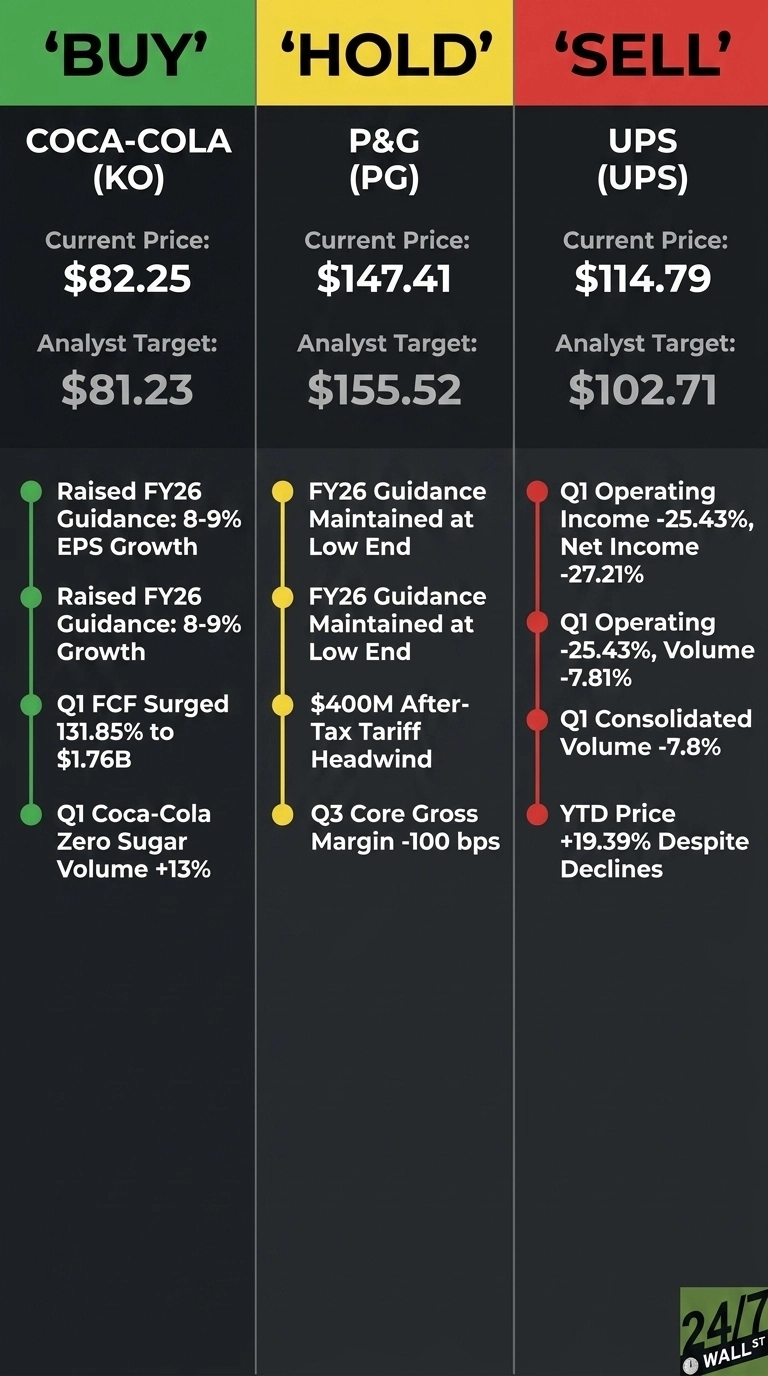 An infographic titled 'Buy', 'Hold', 'Sell' with three distinct columns. The 'Buy' column, highlighted in green, features Coca-Cola (KO) with a current price of $82.25 and an analyst target of $81.23. Supporting points include: Raised FY26 Guidance for 8-9% EPS Growth, Raised FY26 Guidance for 8-9% Growth, Q1 FCF Surged 131.85% to $1.76B, and Q1 Coca-Cola Zero Sugar Volume +13%. The 'Hold' column, highlighted in yellow, features P&G (PG) with a current price of $147.41 and an analyst target of $155.52. Supporting points include: FY26 Guidance Maintained at Low End (listed twice), $400M After-Tax Tariff Headwind, and Q3 Core Gross Margin -100 bps. The 'Sell' column, highlighted in red, features UPS (UPS) with a current price of $114.79 and an analyst target of $102.71. Supporting points include: Q1 Operating Income -25.43% and Net Income -27.21%, Q1 Operating -25.43% and Volume -7.81%, Q1 Consolidated Volume -7.8%, and YTD Price +19.39% Despite Declines.