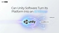 A graphic showing the Unity logo positioned within a glowing blue and purple abstract brain shape. Luminous lines emanate from the brain, connecting to the logos of Roblox and AppLovin on the right side. The top left corner features '24/7 Wall St.' and the main title 'Can Unity Software Turn Its Platform Into an AI Winner' is displayed prominently above the central graphic, all on a light gradient background.