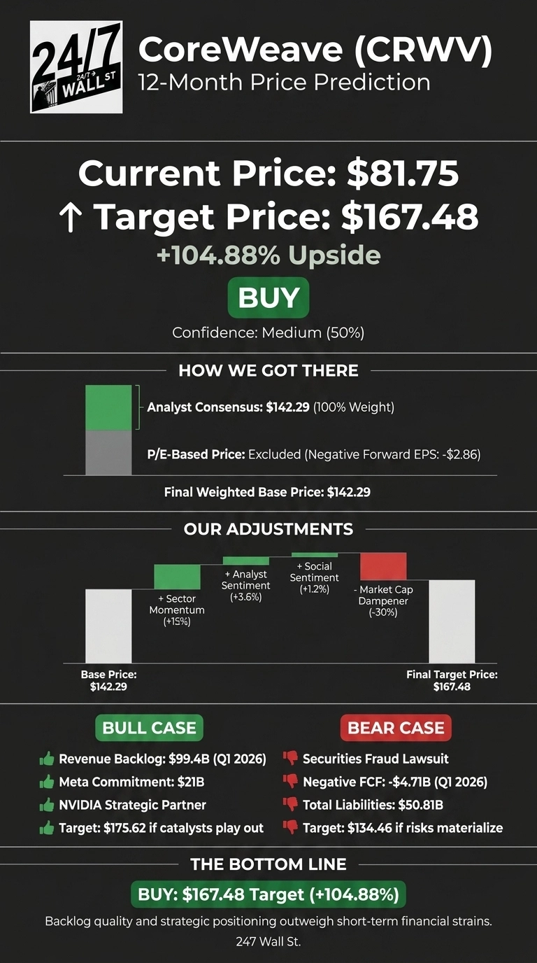 An infographic titled 'CoreWeave (CRWV) 12-Month Price Prediction' by 247 Wall St. It displays a current price of $81.75, a target price of $167.48, and a +104.88% upside, with a 'BUY' recommendation and Medium (50%) confidence. A section 'HOW WE GOT THERE' indicates an Analyst Consensus of $142.29 (100% Weight) and a P/E-Based Price excluded, leading to a Final Weighted Base Price of $142.29. The 'OUR ADJUSTMENTS' section shows the Base Price of $142.29 adjusted by +Sector Momentum (+15%), +Analyst Sentiment (+3.6%), +Social Sentiment (+1.2%), and -Market Cap Dampener (-30%), resulting in a Final Target Price of $167.48. A 'BULL CASE' lists factors like Revenue Backlog: $99.4B (Q1 2026), Meta Commitment: $21B, NVIDIA Strategic Partner, and a target of $175.62. A 'BEAR CASE' lists Securities Fraud Lawsuit, Negative FCF: -$4.71B (Q1 2026), Total Liabilities: $50.81B, and a target of $134.46. The bottom line reiterates 'BUY: $167.48 Target (+104.88%)' and a concluding statement.