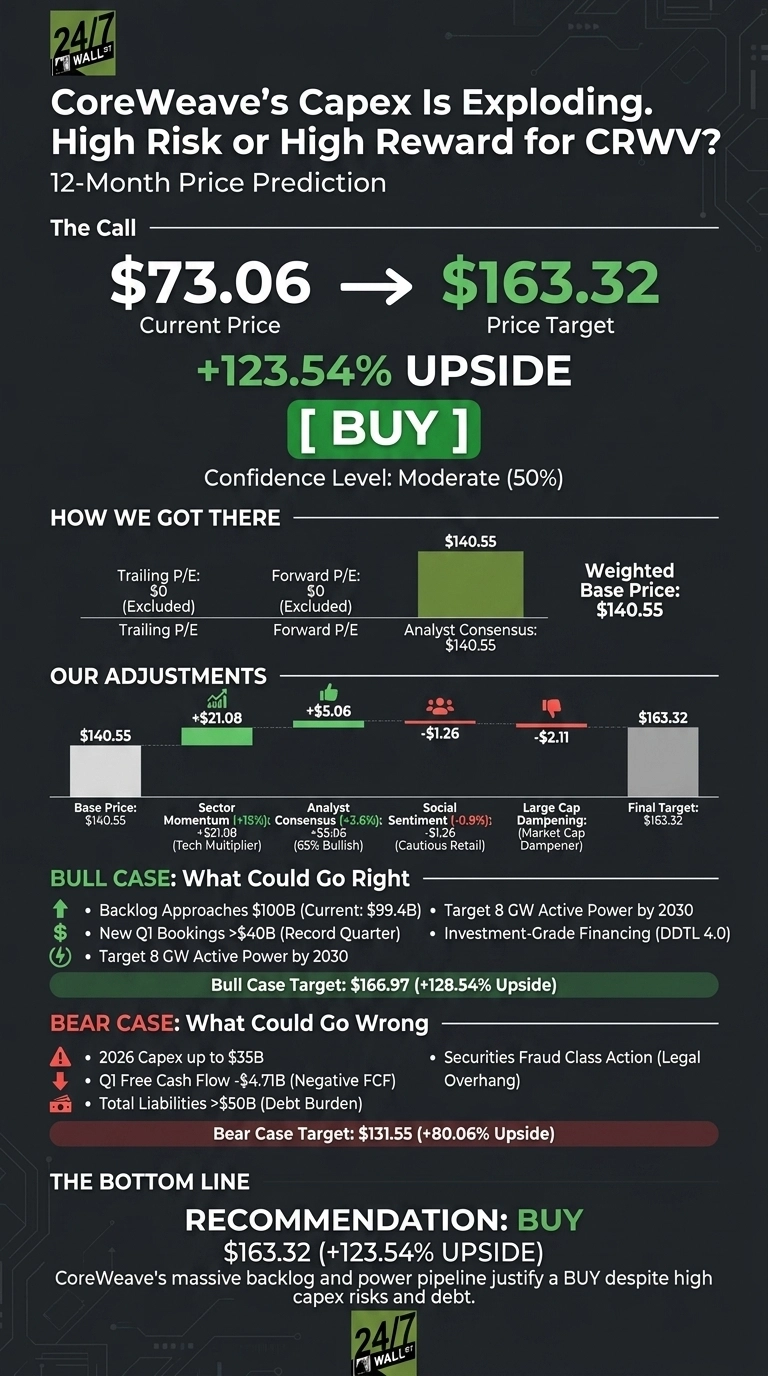 An infographic with a dark background displays a 12-month price prediction for CoreWeave (CRWV). The current price is $73.06, with a target price of $163.32, indicating a +123.54% upside and a 'BUY' recommendation with a moderate 50% confidence level. A section 'HOW WE GOT THERE' shows a Weighted Base Price of $140.55 based on Analyst Consensus. 'OUR ADJUSTMENTS' illustrates the base price of $140.55 adjusted by positive factors like Sector Momentum (+$21.08) and Analyst Consensus (+$5.06), and negative factors such as Social Sentiment (-$1.26) and Large Cap Dampening (-$2.11), leading to a Final Target of $163.32. 'BULL CASE: What Could Go Right' lists items like 'Backlog Approaches $100B' and 'New Q1 Bookings >$40B', targeting $166.97 (+128.54% Upside). 'BEAR CASE: What Could Go Wrong' lists concerns such as '2026 Capex up to $35B' and 'Total Liabilities >$50B', with a target of $131.55 (+80.06% Upside). The bottom line reiterates a 'BUY' recommendation at $163.32 (+123.54% UPSIDE), stating CoreWeave's backlog and power pipeline justify the recommendation despite high capex risks and debt.