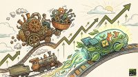 Illustration of a mechanical vehicle and a nature-themed pod vehicle outperforming an S&P 500 train on a rising stock chart.