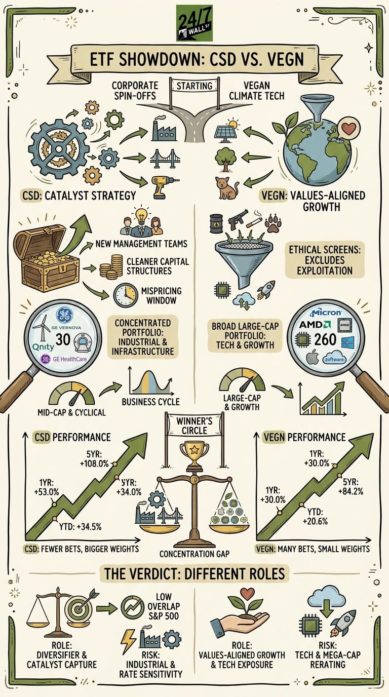 A split-view infographic titled 'ETF Showdown' comparing catalyst-based industrial spin-offs with values-aligned vegan climate technology, showing both strategies' performance graphs.