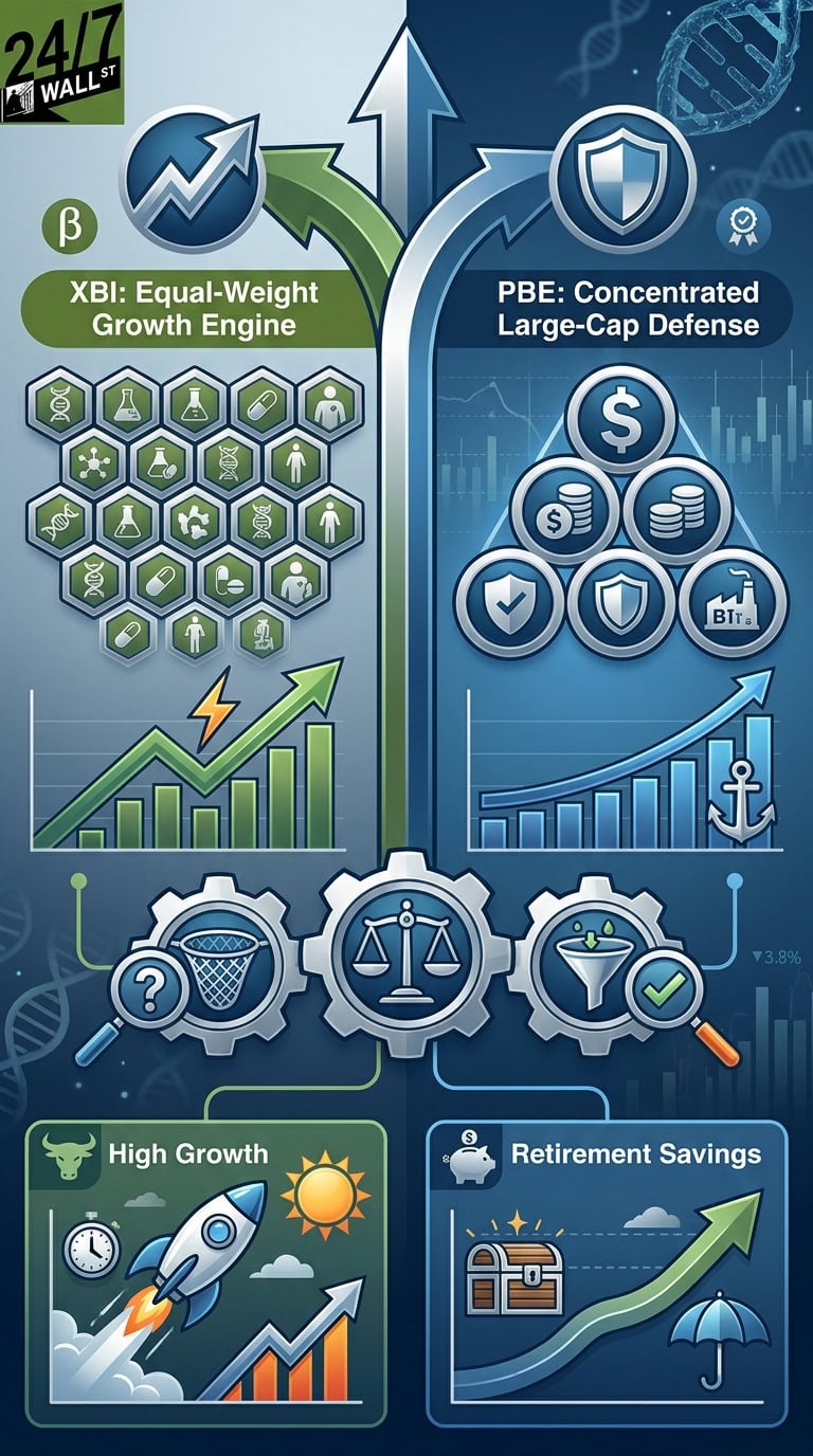 A vertical infographic comparing two biotech investment strategies, XBI and PBE, using icons for rockets, shields, and financial gears to show growth versus defense.