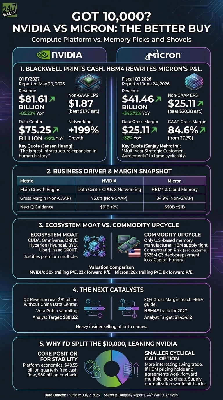 Infographic titled 'NVIDIA VS MICRON: THE BETTER BUY' on a dark background with blue and green accents, comparing NVIDIA and Micron Technology across five sections. Section 1, 'BLACKWELL PRINTS CASH. HBM4 REWRITES MICRON'S P&L.', displays financial results including revenue of $81.61 BILLION and Non-GAAP EPS of $1.87 for NVIDIA, and revenue of $41.46 BILLION and Non-GAAP EPS of $25.11 for Micron, with specific dollar amounts and percentage changes. Section 2, 'BUSINESS DRIVER & MARGIN SNAPSHOT', is a table comparing main growth engines, gross margins, and next quarter guidance for both companies. Section 3, 'ECOSYSTEM MOAT VS. COMMODITY UPCYCLE', describes NVIDIA's ecosystem with text and a graphic of interconnected chips, and Micron's commodity upcycle with text and a graphic of a chip on a US flag, followed by valuation comparison text. Section 4, 'THE NEXT CATALYSTS', lists future catalysts for each company, including analyst targets of $301.62 for NVIDIA and $1,454.12 for Micron, with two small flow diagrams. Section 5, 'WHY I'D SPLIT THE $10,000, LEANING NVIDIA', discusses investment strategy with text on core position and a cyclical call option, accompanied by a pie chart showing a lean towards NVIDIA.