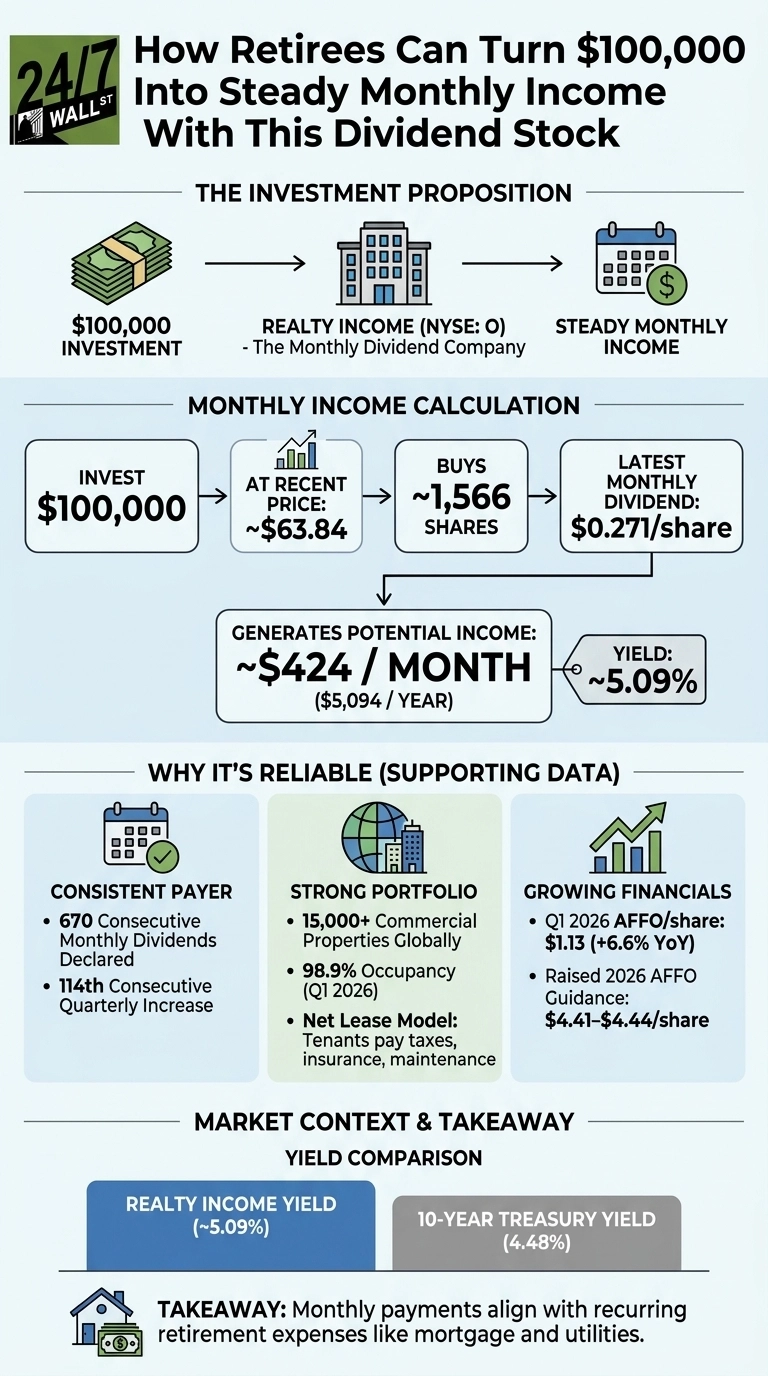 An infographic titled 'How Retirees Can Turn $100,000 Into Steady Monthly Income With This Dividend Stock'. The investment proposition shows a $100,000 investment leading to Realty Income (NYSE: O), then to steady monthly income. The monthly income calculation details an investment of $100,000 at ~$63.84 per share, buying ~1,566 shares. With a latest monthly dividend of $0.271/share, this generates ~$424/month ($5,094/year) with a yield of ~5.09%. Supporting data for reliability includes: Consistent Payer with 670 consecutive monthly dividends and 114th consecutive quarterly increase; Strong Portfolio with 15,000+ commercial properties globally, 98.9% occupancy (Q1 2026), and a Net Lease Model; and Growing Financials with Q1 2026 AFFO/share at $1.13 (+6.6% YoY) and raised 2026 AFFO Guidance of $4.41-$4.44/share. A yield comparison shows Realty Income at ~5.09% versus the 10-Year Treasury Yield at 4.48%. The takeaway notes that monthly payments align with recurring retirement expenses.