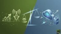 A split-screen illustration featuring icons of telecommunications and finance on the left and cloud computing and AI on the right, separated by a glowing scale.