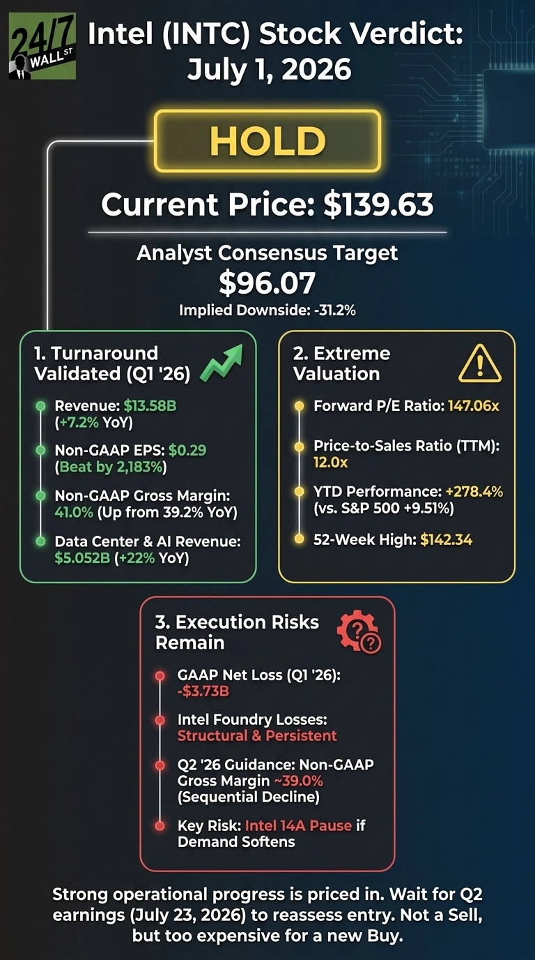 An infographic with a dark background featuring circuit board patterns, titled 'Intel (INTC) Stock Verdict: July 1, 2026'. A large yellow box displays 'HOLD'. Below it, the current price is $139.63, and the analyst consensus target is $96.07, indicating an implied downside of -31.2%. The infographic is divided into three sections: 1. Turnaround Validated (Q1 '26) in a green box, detailing Revenue, Non-GAAP EPS, Non-GAAP Gross Margin, and Data Center & AI Revenue. 2. Extreme Valuation in a yellow box, listing Forward P/E Ratio, Price-to-Sales Ratio (TTM), YTD Performance, and 52-Week High. 3. Execution Risks Remain in a red box, outlining GAAP Net Loss, Intel Foundry Losses, Q2 '26 Guidance, and Key Risk. A concluding text advises waiting for Q2 earnings on July 23, 2026.