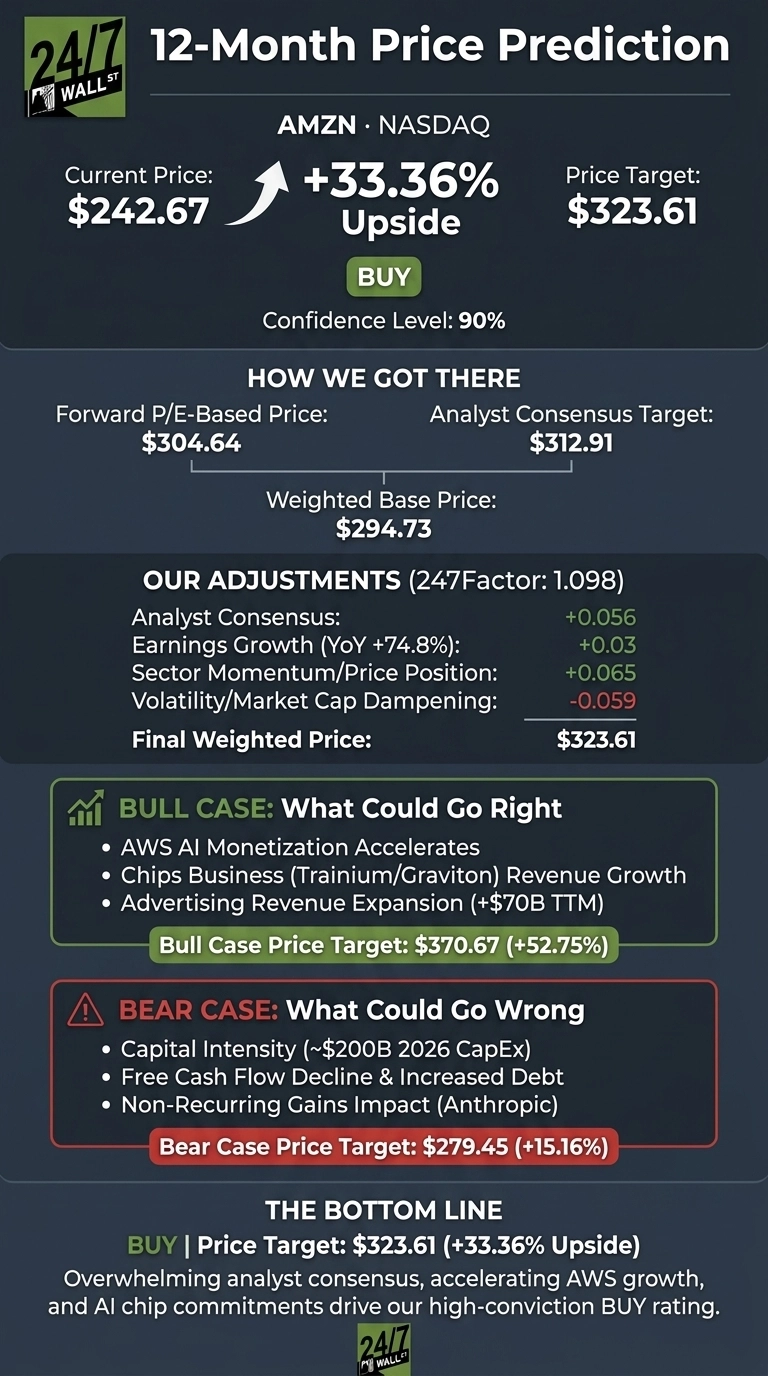 An infographic titled 'AMZN 12-Month Price Prediction' on a dark blue background with green and red highlights. It shows Amazon's current price of $242.67 and a price target of $323.61, indicating a +33.36% upside with a BUY recommendation and 90% confidence level. The infographic details 'How We Got There' with a Forward P/E-Based Price of $304.64, an Analyst Consensus Target of $312.91, leading to a Weighted Base Price of $294.73. 'Our Adjustments' section lists factors such as Analyst Consensus (+0.056), Earnings Growth (YoY +74.8%) (+0.03), Sector Momentum/Price Position (+0.065), and Volatility/Market Cap Dampening (-0.059), resulting in a Final Weighted Price of $323.61. A 'Bull Case' section highlights positive factors like AWS AI Monetization Accelerates and a Bull Case Price Target of $370.67 (+52.75%). A 'Bear Case' section outlines risks like Capital Intensity (~$200B 2026 CapEx) and a Bear Case Price Target of $279.45 (+15.16%). The 'Bottom Line' reiterates the BUY rating with a $323.61 price target.