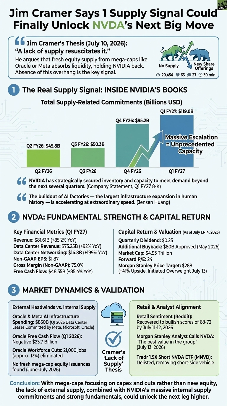 An infographic titled 'Jim Cramer Says 1 Supply Signal Could Finally Unlock NVDA's Next Big Move' presents data supporting a bullish outlook for NVIDIA. It features three main sections. The first section includes a bar chart showing NVIDIA's Total Supply-Related Commitments in Billions USD, rising from $45.8B in Q2 FY26 to $119.0B in Q1 FY27, labeled 'Massive Escalation = Unprecedented Capacity'. Quotes from NVIDIA and Jensen Huang are included. The second section, 'NVDA: Fundamental Strength & Capital Return', lists Q1 FY27 key financial metrics such as Revenue ($81.61B), Data Center Revenue ($75.25B), Non-GAAP EPS ($1.87), and Free Cash Flow ($48.55B), alongside capital return data like a $0.25 quarterly dividend and a $4.93 Trillion market cap. The third section, 'Market Dynamics & Validation', outlines 'External Headwinds vs. Internal Supply' with points on Oracle & Meta AI infrastructure spending and no fresh mega-cap equity issuances. It also covers 'Retail & Analyst Alignment' with bullish Reddit sentiment, Morgan Stanley's 'best value' call, and the delisting of the Tradr 1.5X Short NVDA ETF (MNVD). A conclusion summarizes that a lack of external supply and NVIDIA's internal strength could drive further growth.