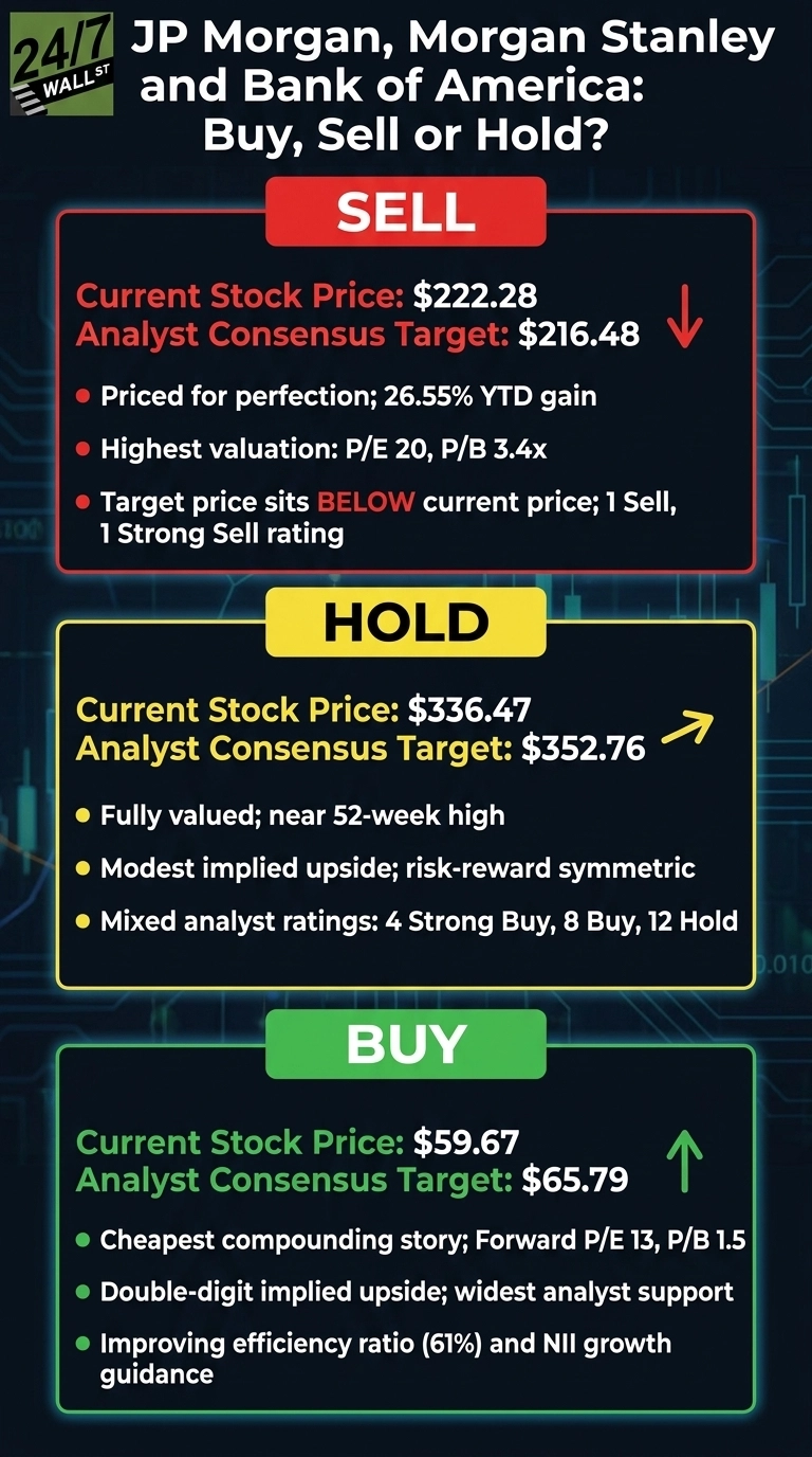 An infographic titled 'JP Morgan, Morgan Stanley and Bank of America: Buy, Sell or Hold?' divided into three rectangular sections. The top red section is labeled 'SELL', displaying a current stock price of $222.28 and an analyst consensus target of $216.48, with a downward red arrow. Bullet points beneath describe it as 'Priced for perfection,' having the 'Highest valuation,' and a 'Target price sits BELOW current price.' The middle yellow section is labeled 'HOLD', showing a current stock price of $336.47 and an analyst consensus target of $352.76, with an upward-pointing yellow arrow. Bullet points state it's 'Fully valued,' has 'Modest implied upside,' and 'Mixed analyst ratings.' The bottom green section is labeled 'BUY', with a current stock price of $59.67 and an analyst consensus target of $65.79, accompanied by an upward green arrow. Bullet points highlight it as the 'Cheapest compounding story,' having 'Double-digit implied upside,' and 'Improving efficiency ratio.'