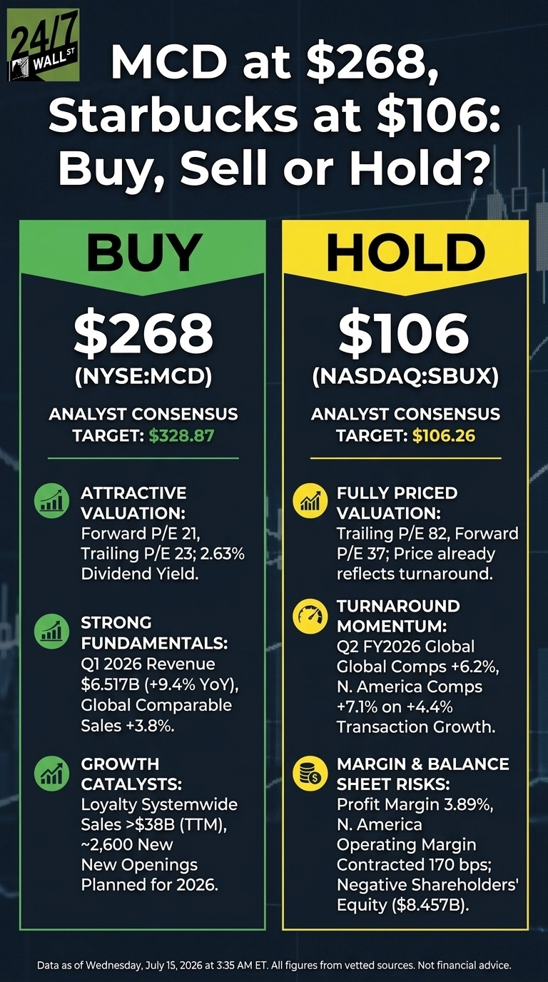 An infographic titled 'MCD at $268, Starbucks at $106: Buy, Sell or Hold?' with a 24/7 Wall St logo. The infographic is divided into two vertical columns. The left column, labeled 'BUY' in green, details McDonald's (NYSE:MCD) at $268. It shows an analyst consensus target of $328.87 and lists three reasons: Attractive Valuation with Forward P/E 21, Trailing P/E 23, 2.63% Dividend Yield; Strong Fundamentals including Q1 2026 Revenue of $6.517B (+9.4% YoY) and Global Comparable Sales +3.8%; and Growth Catalysts such as Loyalty Systemwide Sales >$38B (TTM) and ~2,600 new openings planned for 2026. The right column, labeled 'HOLD' in yellow, details Starbucks (NASDAQ:SBUX) at $106. It shows an analyst consensus target of $106.26 and lists three reasons: Fully Priced Valuation with Trailing P/E 82, Forward P/E 37, stating price already reflects turnaround; Turnaround Momentum including Q2 FY2026 Global Comps +6.2% and N. America Comps +7.1% on +4.4% Transaction Growth; and Margin & Balance Sheet Risks such as Profit Margin 3.89%, N. America Operating Margin Contracted 170 bps, and Negative Shareholders' Equity ($8.457B). A footer states 'Data as of Wednesday, July 15, 2026 at 3:35 AM ET. All figures from vetted sources. Not financial advice.'