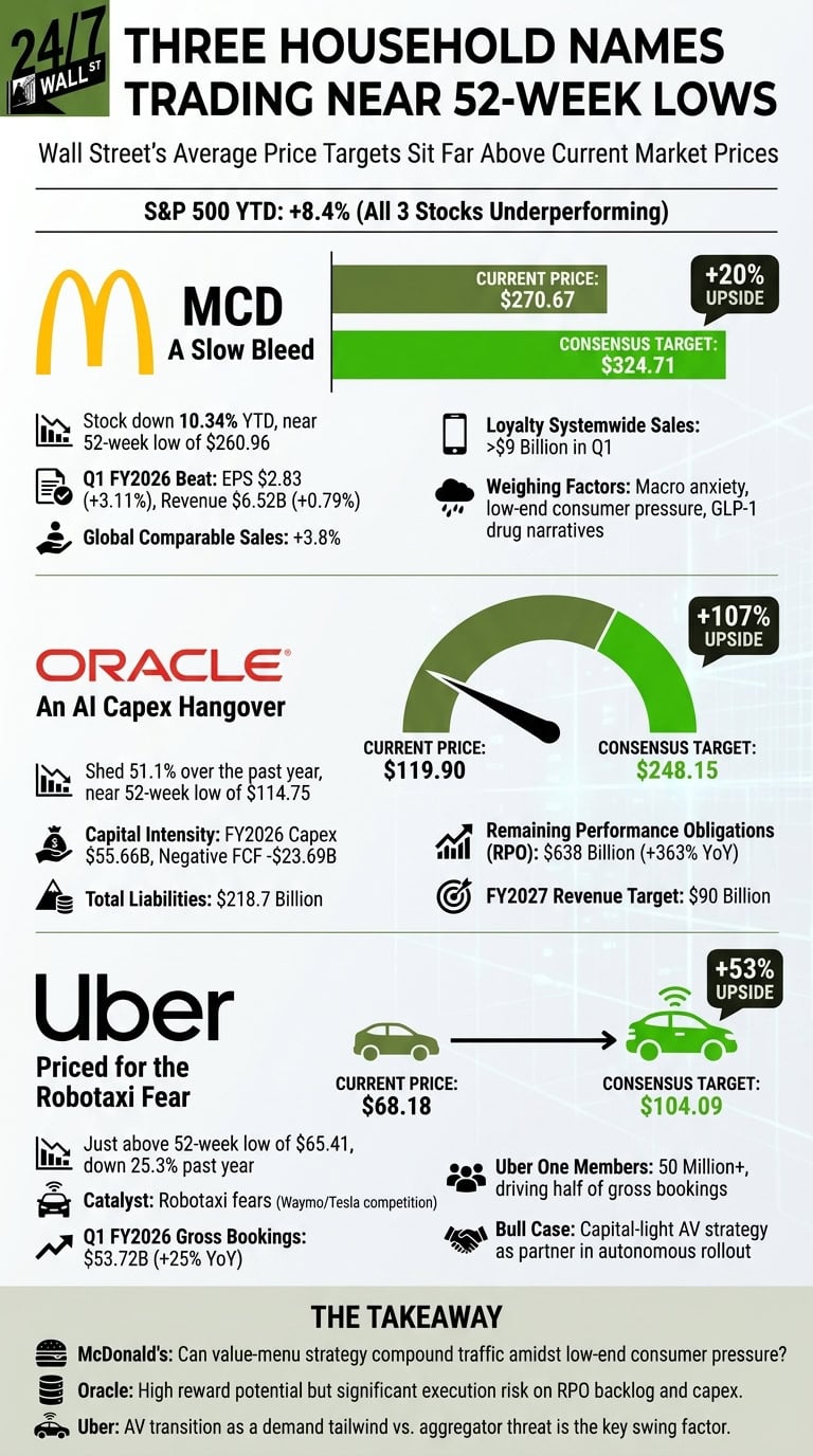 A financial infographic showing current stock prices versus analyst targets for McDonald's, Oracle, and Uber, including a gauge chart showing a massive 107 percent upside for Oracle.