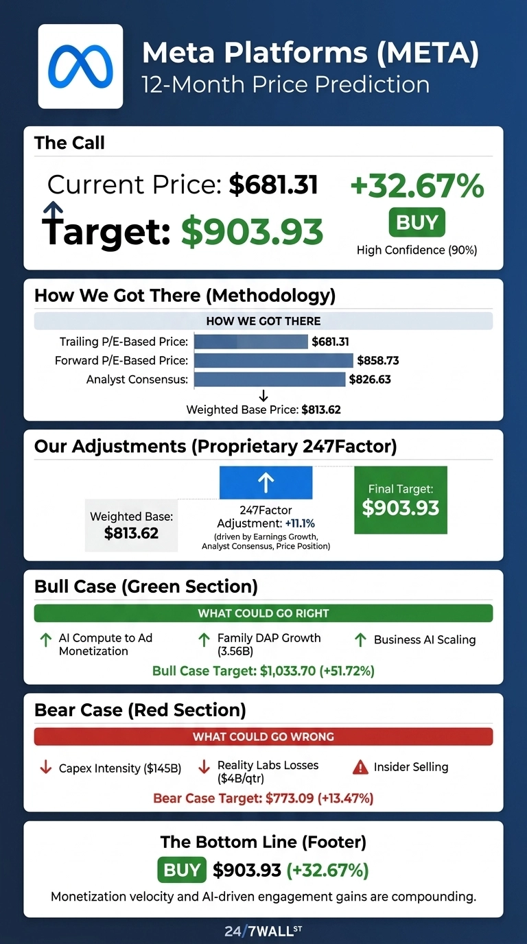 An infographic titled 'Meta Platforms (META) 12-Month Price Prediction'. The top section, 'The Call', shows a current price of $681.31 and a target of $903.93, indicating a +32.67% increase with a 'BUY' recommendation and 90% high confidence. The 'How We Got There (Methodology)' section illustrates Trailing P/E, Forward P/E, and Analyst Consensus prices leading to a Weighted Base Price of $813.62. 'Our Adjustments (Proprietary 247Factor)' shows a +11.1% adjustment resulting in the final target of $903.93. The 'Bull Case (Green Section)' highlights 'What Could Go Right' with a target of $1,033.70 (+51.72%) from factors like AI Compute to Ad Monetization. The 'Bear Case (Red Section)' lists 'What Could Go Wrong' with a target of $773.09 (+13.47%) due to risks like Capex Intensity ($145B) and Reality Labs Losses ($4B/qtr). The bottom line reiterates the 'BUY' recommendation for $903.93 (+32.67%).