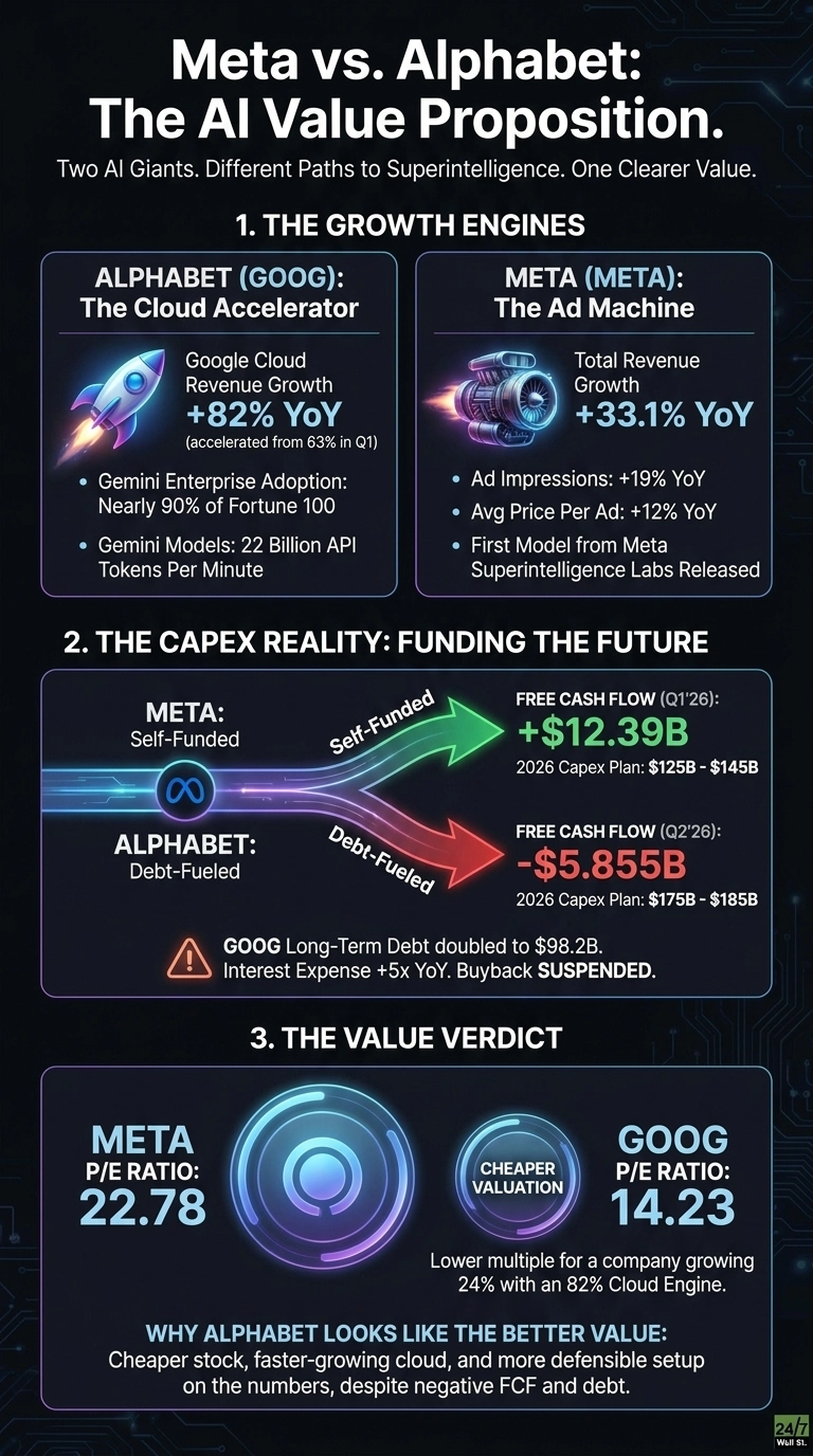 An infographic titled 'Meta vs. Alphabet: The AI Value Proposition'. It is divided into three sections. Section 1, 'THE GROWTH ENGINES', shows Alphabet (GOOG) as 'The Cloud Accelerator' with Google Cloud Revenue Growth +82% YoY, Gemini Enterprise Adoption, and Gemini Models API tokens. Meta (META) is 'The Ad Machine' with Total Revenue Growth +33.1% YoY, Ad Impressions, Avg Price Per Ad, and First Model from Meta Superintelligence Labs Released. Section 2, 'THE CAPEX REALITY: FUNDING THE FUTURE', illustrates Meta as 'Self-Funded' with +$12.39B Free Cash Flow (Q1'26) and a 2026 Capex Plan of $125B - $145B. Alphabet is 'Debt-Fueled' with -$5.855B Free Cash Flow (Q2'26) and a 2026 Capex Plan of $175B - $185B, noting GOOG Long-Term Debt doubled to $98.2B, Interest Expense +5x YoY, and Buyback SUSPENDED. Section 3, 'THE VALUE VERDICT', displays Meta P/E Ratio as 22.78 and GOOG P/E Ratio as 14.23 with a 'CHEAPER VALUATION' label. The infographic concludes that Alphabet looks like the better value due to cheaper stock, faster-growing cloud, and a more defensible setup despite negative FCF and debt.