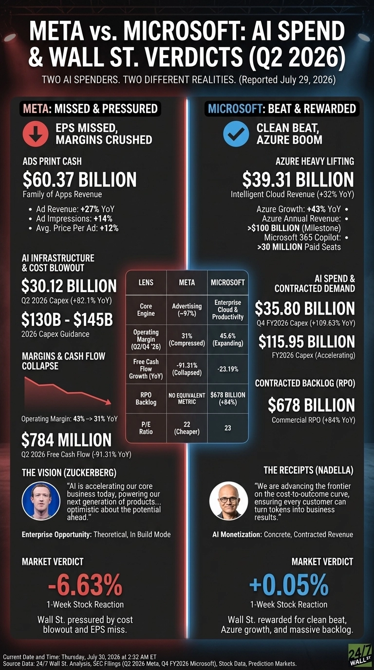 An infographic titled 'META vs. MICROSOFT: AI SPEND & WALL ST. VERDICTS (Q2 2026)' compares the financial performance of the two companies. The left, red-themed section for Meta, labeled 'MISSED & PRESSURED', shows an EPS miss, $60.37 Billion in Ads Print Cash, $30.12 Billion Q2 2026 Capex, $130B - $145B 2026 Capex Guidance, a drop in Operating Margin to 31%, $784 Million Q2 2026 Free Cash Flow, and a -6.63% 1-week stock reaction. A photo of Mark Zuckerberg is included. The right, blue-themed section for Microsoft, labeled 'BEAT & REWARDED', shows a clean beat, $39.31 Billion Intelligent Cloud Revenue, $35.80 Billion Q4 FY2026 Capex, $115.95 Billion FY2026 Capex, $678 Billion Commercial RPO, and a +0.05% 1-week stock reaction. A photo of Satya Nadella is included. A central table compares both companies on Core Engine focus, Operating Margin, Free Cash Flow Growth, RPO Backlog (with Meta having no equivalent metric), and P/E Ratio (22 for Meta, 23 for Microsoft).