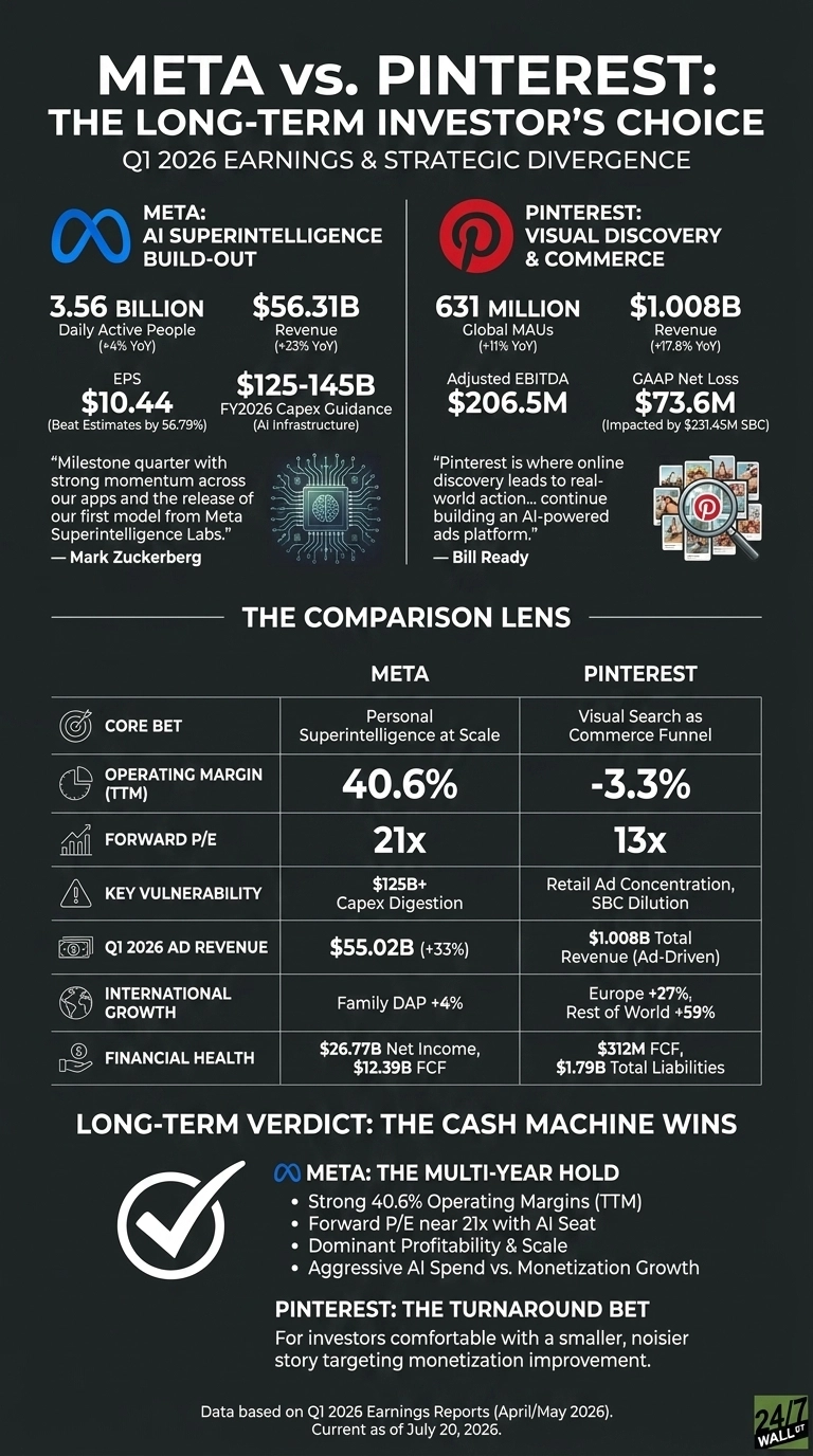 An infographic titled 'Meta vs. Pinterest: The Long-Term Investor's Choice' on a dark background. It presents a Q1 2026 earnings and strategic divergence analysis. The top section compares Meta (blue infinity logo) and Pinterest (red 'P' logo). Meta's Q1 2026 highlights include 3.56 Billion Daily Active People, $56.31B Revenue, $10.44 EPS, and $125-145B FY2026 Capex Guidance for AI Infrastructure. Pinterest's Q1 2026 highlights include 631 Million Global MAUs, $1.008B Revenue, Adjusted EBITDA $206.5M, and GAAP Net Loss $73.6M. A comparison table below, 'The Comparison Lens,' details CORE BET, OPERATING MARGIN (TTM), FORWARD P/E, KEY VULNERABILITY, Q1 2026 AD REVENUE, INTERNATIONAL GROWTH, and FINANCIAL HEALTH for both companies. Meta's values include 40.6% Operating Margin, 21x Forward P/E, $125B+ Capex Digestion, $55.02B (+33%) Q1 2026 Ad Revenue, Family DAP +4% International Growth, and $26.77B Net Income, $12.39B FCF. Pinterest's values include -3.3% Operating Margin, 13x Forward P/E, Retail Ad Concentration, SBC Dilution, $1.008B Total Revenue (Ad-Driven), Europe +27%, Rest of World +59% International Growth, and $312M FCF, $1.79B Total Liabilities. The bottom section, 'LONG-TERM VERDICT: THE CASH MACHINE WINS,' features a large checkmark next to Meta: The Multi-Year Hold, listing strong operating margins, forward P/E near 21x with AI Seat, dominant profitability & scale, and aggressive AI spend vs. monetization growth. Pinterest is labeled 'The Turnaround Bet' for investors comfortable with a smaller, noisier story targeting monetization improvement. The data is based on Q1 2026 Earnings Reports, current as of July 20, 2026.