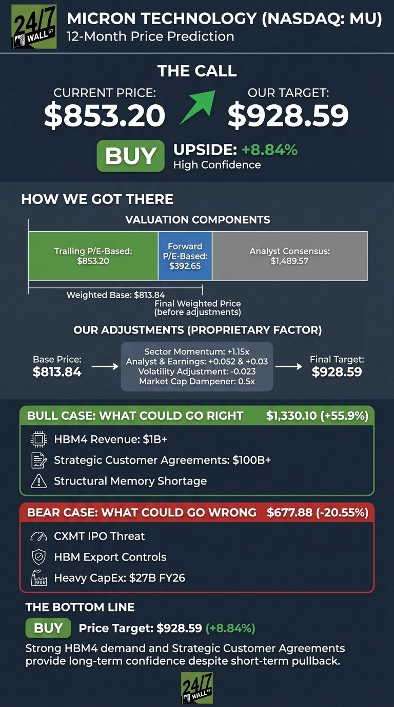 An infographic with a dark blue and green color scheme titled 'Micron Technology (NASDAQ: MU) 12-Month Price Prediction'. It features a section 'THE CALL' showing a Current Price of $853.20 and a Target Price of $928.59, with a 'BUY' recommendation and +8.84% Upside, labeled 'High Confidence'. A section 'HOW WE GOT THERE' illustrates 'VALUATION COMPONENTS' with bars for Trailing P/E-Based: $853.20, Forward P/E-Based: $392.65, and Analyst Consensus: $1,489.57, leading to a Weighted Base of $813.84. 'OUR ADJUSTMENTS (PROPRIETARY FACTOR)' shows this Base Price adjusted by factors like Sector Momentum (+1.15x), Analyst & Earnings (+0.052 & +0.03), Volatility Adjustment (-0.023), and Market Cap Dampener (0.5x) to reach the Final Target of $928.59. A 'BULL CASE: WHAT COULD GO RIGHT' section lists a target of $1,330.10 (+55.9%) with drivers: HBM4 Revenue: $1B+, Strategic Customer Agreements: $100B+, and Structural Memory Shortage. A 'BEAR CASE: WHAT COULD GO WRONG' section lists a target of $677.88 (-20.55%) with risks: CXMT IPO Threat, HBM Export Controls, and Heavy CapEx: $27B FY26. The 'THE BOTTOM LINE' concludes with 'BUY Price Target: $928.59 (+8.84%)' and a summary statement.