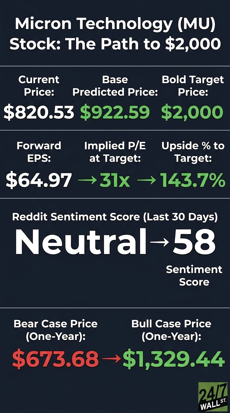An infographic titled 'Micron Technology (MU) Stock: The Path to $2,000' is displayed on a dark background. It presents financial data in several sections. The first section shows 'Current Price: $820.53', 'Base Predicted Price: $922.59', and 'Bold Target Price: $2,000'. The second section lists 'Forward EPS: $64.97', 'Implied P/E at Target: 31x', and 'Upside % to Target: 143.7%'. Green arrows indicate transitions between these metrics. The third section displays 'Reddit Sentiment Score (Last 30 Days): Neutral → 58 Sentiment Score'. The final section provides 'Bear Case Price (One-Year): $673.68' in red and 'Bull Case Price (One-Year): $1,329.44' in green, connected by an orange arrow. The '24/7 WALL ST.' logo is visible in the bottom right corner.