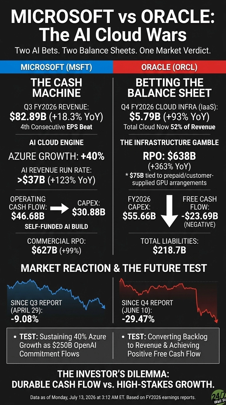 An infographic titled 'MICROSOFT vs ORACLE: The AI Cloud Wars'. The graphic is split vertically with Microsoft (MSFT) on a blue background left side and Oracle (ORCL) on a red background right side. Under Microsoft, it lists 'THE CASH MACHINE', Q3 FY2026 Revenue: $82.89B (+18.3% YoY), Azure Growth: +40%, AI Revenue Run Rate: >$37B (+123% YoY), Operating Cash Flow: $46.68B flowing into Capex: $30.88B, and Commercial RPO: $627B (+99%). Under Oracle, it lists 'BETTING THE BALANCE SHEET', Q4 FY2026 CLOUD INFRA (IaaS): $5.79B (+93% YoY), RPO: $638B (+363% YoY), FY2026 Capex: $55.66B, and a downward arrow pointing to Free Cash Flow: -$23.69B (NEGATIVE), and Total Liabilities: $218.7B. Below these metrics, two line graphs show market reaction: Microsoft's stock changed -9.08% since Q3 report (April 29, 2026) and Oracle's stock changed -29.47% since Q4 report (June 10, 2026). The bottom section outlines future tests for each company and 'THE INVESTOR'S DILEMMA: DURABLE CASH FLOW vs. HIGH-STAKES GROWTH'. Data as of Monday, July 13, 2026 at 3:12 AM ET.