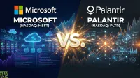 A split image contrasting Microsoft and Palantir. The left side features the Microsoft logo and name with 'MICROSOFT (NASDAQ: MSFT)', showing blue data servers, cloud diagrams, and code. The right side displays the Palantir logo and name with 'PALANTIR (NASDAQ: PLTR)', showing orange glowing data networks and analytics dashboards. A prominent 'VS.' in gold sits in the center, with abstract upward stock charts in the background on both sides.