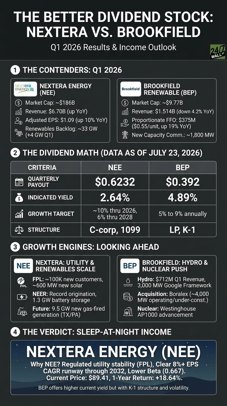 An infographic titled 'THE BETTER DIVIDEND STOCK: NEXTERA VS. BROOKFIELD' is displayed on a dark gray background. It is divided into four sections. Section 1, 'THE CONTENDERS: Q1 2026', compares NextEra Energy (NEE) and Brookfield Renewable (BEP) with details on market cap, revenue, adjusted EPS/proportionate FFO, and renewables backlog/new capacity. Section 2, 'THE DIVIDEND MATH (DATA AS OF JULY 23, 2026)', shows a table comparing their quarterly payout ($0.6232 for NEE, $0.392 for BEP), indicated yield (2.64% for NEE, 4.89% for BEP), growth target, and structure. Section 3, 'GROWTH ENGINES: LOOKING AHEAD', lists specific strategic initiatives for NextEra (FPL customers, solar, battery storage, gas-fired generation) and Brookfield (hydro revenue, Google Framework, Boralex acquisition, Westinghouse nuclear advancement). Section 4, 'THE VERDICT: SLEEP-AT-NIGHT INCOME', prominently features 'NEXTERA ENERGY (NEE)' and states reasons like regulated utility stability (FPL), clear 8%+ EPS CAGR runway through 2032, lower Beta (0.667), current price $89.41, and 1-Year Return: +18.64%, while also noting BEP offers higher current yield but with K-1 structure and volatility.
