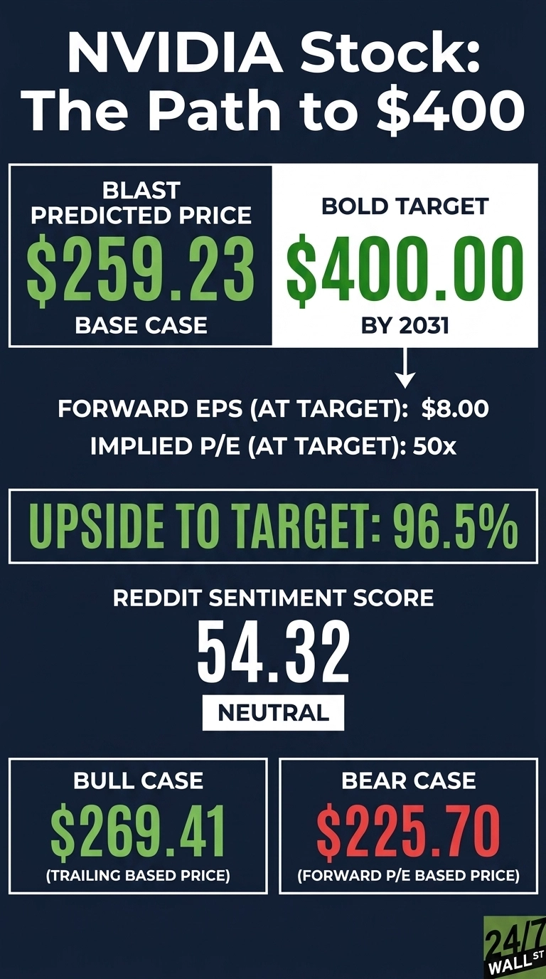 An infographic on a dark blue background titled 'NVIDIA Stock: The Path to $400'. It displays a 'BLAST PREDICTED PRICE' of $259.23 as the 'BASE CASE' and a 'BOLD TARGET' of $400.00 'BY 2031'. Below this, it states 'FORWARD EPS (AT TARGET): $8.00' and 'IMPLIED P/E (AT TARGET): 50x'. The 'UPSIDE TO TARGET' is highlighted as '96.5%'. A 'REDDIT SENTIMENT SCORE' is shown as 54.32, labeled 'NEUTRAL'. At the bottom, a 'BULL CASE' is listed at $269.41 (TRAILING BASED PRICE) and a 'BEAR CASE' at $225.70 (FORWARD P/E BASED PRICE).