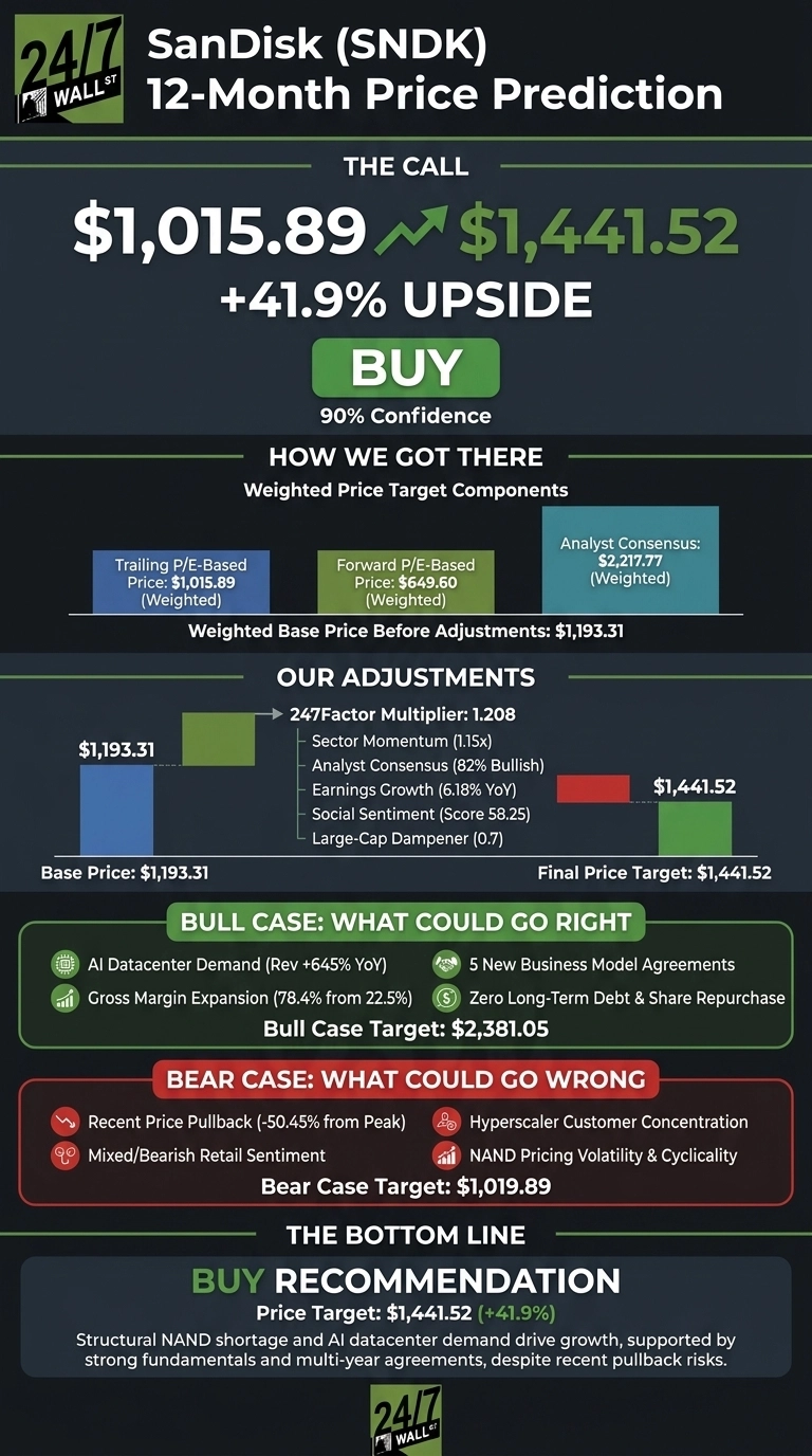 An infographic titled 'SanDisk (SNDK) 12-Month Price Prediction' on a dark grey background with green and white text. The call section shows a current price of $1,015.89, a green arrow pointing to a predicted price of $1,441.52, a '+41.9% UPSIDE', and a green 'BUY' button with '90% Confidence'. The 'How We Got There' section displays weighted price target components: Trailing P/E-Based Price $1,015.89, Forward P/E-Based Price $649.60, and Analyst Consensus $2,217.77, leading to a Weighted Base Price Before Adjustments of $1,193.31. The 'Our Adjustments' section features a bar chart illustrating the base price of $1,193.31 adjusted by factors like 247Factor Multiplier (1.208), Sector Momentum (1.15x), Analyst Consensus (82% Bullish), Earnings Growth (6.18% YoY), Social Sentiment (Score 58.25), and Large-Cap Dampener (0.7), resulting in a Final Price Target of $1,441.52. The 'Bull Case' section lists positive factors: AI Datacenter Demand (Rev +645% YoY), 5 New Business Model Agreements, Gross Margin Expansion (78.4% from 22.5%), and Zero Long-Term Debt & Share Repurchase, with a target of $2,381.05. The 'Bear Case' section lists negative factors: Recent Price Pullback (-50.45% from Peak), Hyperscaler Customer Concentration, Mixed/Bearish Retail Sentiment, and NAND Pricing Volatility & Cyclicality, with a target of $1,019.89. The 'Bottom Line' section reiterates a 'BUY RECOMMENDATION' with a Price Target of $1,441.52 (+41.9%) and supporting text about NAND shortage and AI datacenter demand driving growth.