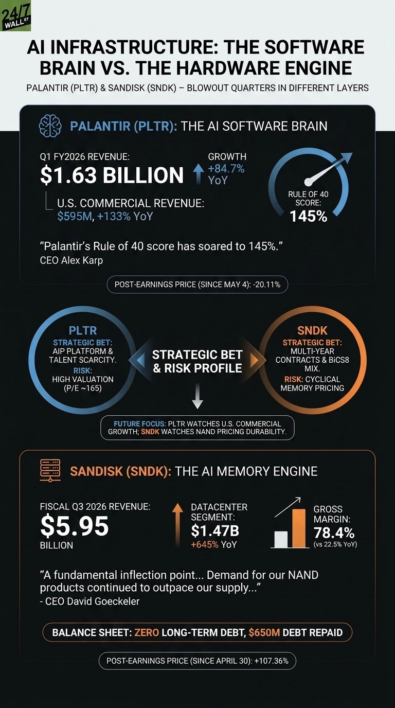 An infographic titled 'AI INFRASTRUCTURE: THE SOFTWARE BRAIN VS. THE HARDWARE ENGINE' comparing Palantir (PLTR) and SanDisk (SNDK). The top section, 'Palantir (PLTR): The AI Software Brain,' shows Q1 FY2026 Revenue of $1.63 BILLION with +84.7% YoY growth, U.S. Commercial Revenue of $595M with +133% YoY growth, and a Rule of 40 Score of 145%. It includes a quote from CEO Alex Karp and indicates a post-earnings price (since May 4) of -20.11%. The middle section, 'STRATEGIC BET & RISK PROFILE,' outlines Palantir's bet on AIP Platform and talent scarcity with a risk of high valuation (P/E ~165). For SanDisk (SNDK), it notes a bet on multi-year contracts and BICS8 Mix, with a risk of cyclical memory pricing. The future focus for PLTR is U.S. commercial growth, and for SNDK, NAND pricing durability. The bottom section, 'SanDisk (SNDK): The AI Memory Engine,' displays Fiscal Q3 2026 Revenue of $5.95 BILLION, Datacenter Segment revenue of $1.47B with +645% YoY growth, and a Gross Margin of 78.4% (vs 22.5% YoY). It includes a quote from CEO David Goeckeler and highlights 'ZERO LONG-TERM DEBT, $650M DEBT REPAID' on the balance sheet. SanDisk's post-earnings price (since April 30) is +107.36%. The infographic uses a dark background with blue and orange sections to differentiate the companies.