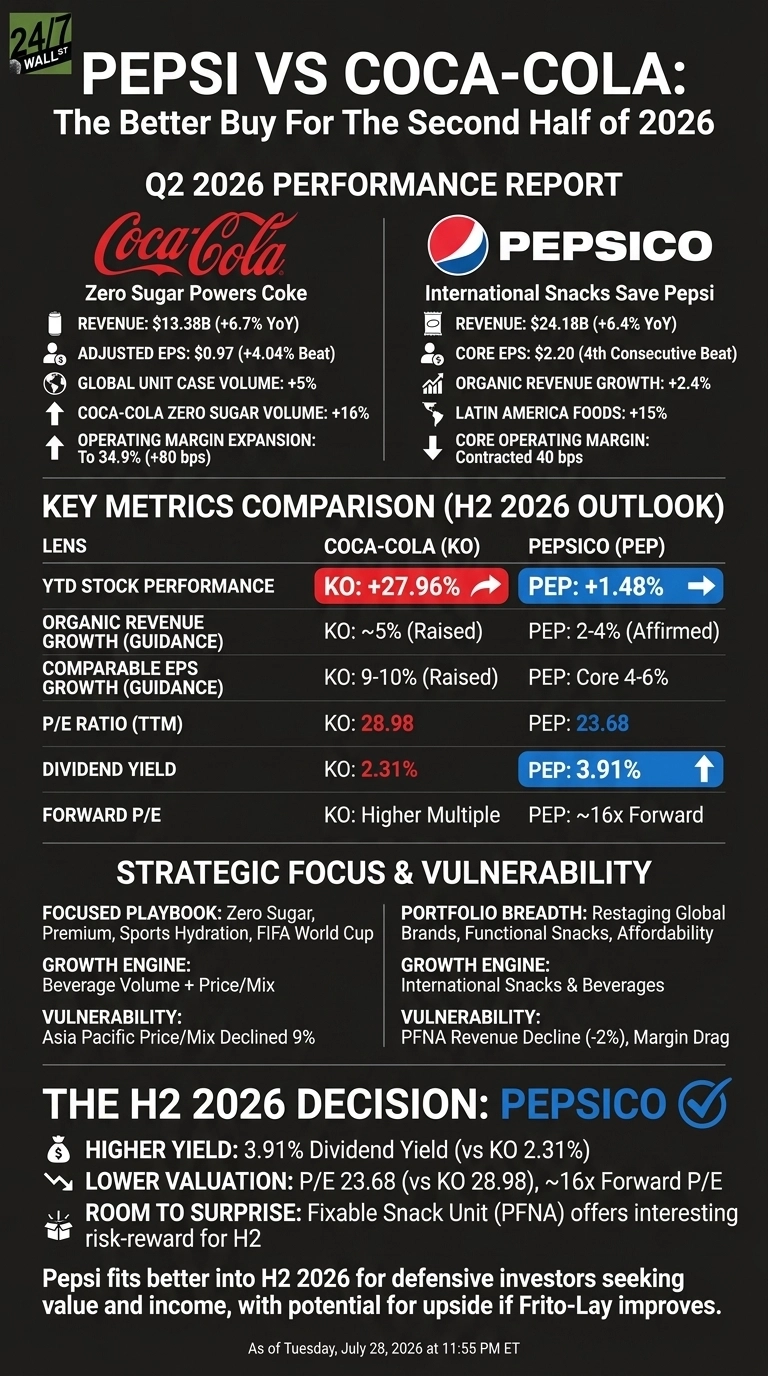 An infographic titled 'Pepsi vs Coca-Cola: The Better Buy For The Second Half of 2026' on a dark gray background. The top section presents 'Q2 2026 Performance Report' with Coca-Cola on the left and PepsiCo on the right. Coca-Cola's section lists revenue of $13.38B (+6.7% YoY), adjusted EPS of $0.97 (+4.04% Beat), global unit case volume of +5%, Coca-Cola Zero sugar volume of +16%, and operating margin expansion to 34.9% (+80 bps). PepsiCo's section lists revenue of $24.18B (+6.4% YoY), core EPS of $2.20 (4th Consecutive Beat), organic revenue growth of +2.4%, Latin America foods of +15%, and core operating margin contracted 40 bps. The middle section, 'Key Metrics Comparison (H2 2026 Outlook)', is a table comparing Coca-Cola (KO) and PepsiCo (PEP) across metrics including YTD stock performance (KO: +27.96%, PEP: +1.48%), organic revenue growth guidance (KO: ~5% (Raised), PEP: 2-4% (Affirmed)), comparable EPS growth guidance (KO: 9-10% (Raised), PEP: Core 4-6%), P/E Ratio (TTM) (KO: 28.98, PEP: 23.68), dividend yield (KO: 2.31%, PEP: 3.91%), and forward P/E (KO: Higher Multiple, PEP: ~16x Forward). The 'Strategic Focus & Vulnerability' section highlights details for both companies. The bottom section, 'The H2 2026 Decision: PepsiCo', details reasons including higher yield (3.91% vs KO 2.31%), lower valuation (P/E 23.68 vs KO 28.98), and room to surprise from its fixable snack unit (PFNA). The text concludes Pepsi fits better for defensive investors in H2 2026. A '24/7 Wall St' logo is in the top left. The infographic states data is 'As of Tuesday, July 28, 2026 at 11:55 PM ET'.