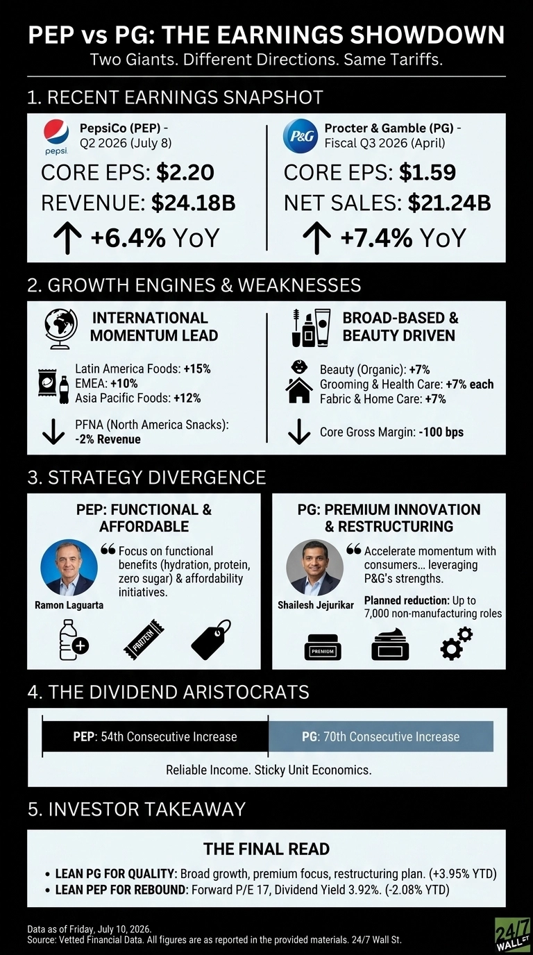 An infographic titled 'PEP vs PG: THE EARNINGS SHOWDOWN' with a dark background and white text, divided into five sections. Section 1, 'RECENT EARNINGS SNAPSHOT,' compares PepsiCo (PEP) and Procter & Gamble (PG). For PepsiCo Q2 2026, Core EPS is $2.20, Revenue $24.18B, and +6.4% YoY growth. For Procter & Gamble Fiscal Q3 2026, Core EPS is $1.59, Net Sales $21.24B, and +7.4% YoY growth. Section 2, 'GROWTH ENGINES & WEAKNESSES,' lists PEP's International Momentum Lead (Latin America Foods +15%, EMEA +10%, Asia Pacific Foods +12%) and weakness in PFNA (-2% Revenue). For PG, 'BROAD-BASED & BEAUTY DRIVEN' growth includes Beauty (Organic) +7%, Grooming & Health Care +7% each, and Fabric & Home Care +7%, with a Core Gross Margin decrease of -100 bps. Section 3, 'STRATEGY DIVERGENCE,' features headshots of Ramon Laguarta for PEP, focusing on 'FUNCTIONAL & AFFORDABLE,' and Shailesh Jejurikar for PG, focusing on 'PREMIUM INNOVATION & RESTRUCTURING,' with associated quotes and icons. Section 4, 'THE DIVIDEND ARISTOCRATS,' states PEP has a 54th Consecutive Increase and PG a 70th Consecutive Increase. Section 5, 'INVESTOR TAKEAWAY,' presents 'THE FINAL READ' recommending 'LEAN PG FOR QUALITY' and 'LEAN PEP FOR REBOUND.' Data is as of Friday, July 10, 2026.