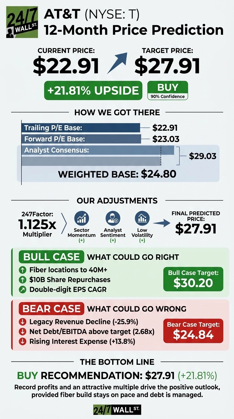 An infographic titled 'AT&T (NYSE: T) 12-Month Price Prediction' with a white background. It displays the current price of $22.91 and a target price of $27.91, indicating a '+21.81% UPSIDE' in a green box and a 'BUY' recommendation with '90% Confidence'. A section titled 'HOW WE GOT THERE' lists Trailing P/E Base at $22.91, Forward P/E Base at $23.03, Analyst Consensus at $29.03, leading to a Weighted Base of $24.80. 'OUR ADJUSTMENTS' shows a 247Factor Multiplier of 1.125x with positive adjustments for Sector Momentum, Analyst Sentiment, and Low Volatility, resulting in a Final Predicted Price of $27.91. A 'BULL CASE' section, marked in green, lists factors like 'Fiber locations to 40M+', '$10B Share Repurchases', and 'Double-digit EPS CAGR' with a target of $30.20. A 'BEAR CASE' section, marked in red, lists factors like 'Legacy Revenue Decline (-25.9%)', 'Net Debt/EBITDA above target (2.68x)', and 'Rising Interest Expense (+13.8%)' with a target of $24.84. The bottom section states 'THE BOTTOM LINE: BUY RECOMMENDATION: $27.91 (+21.81%)' with a textual explanation.